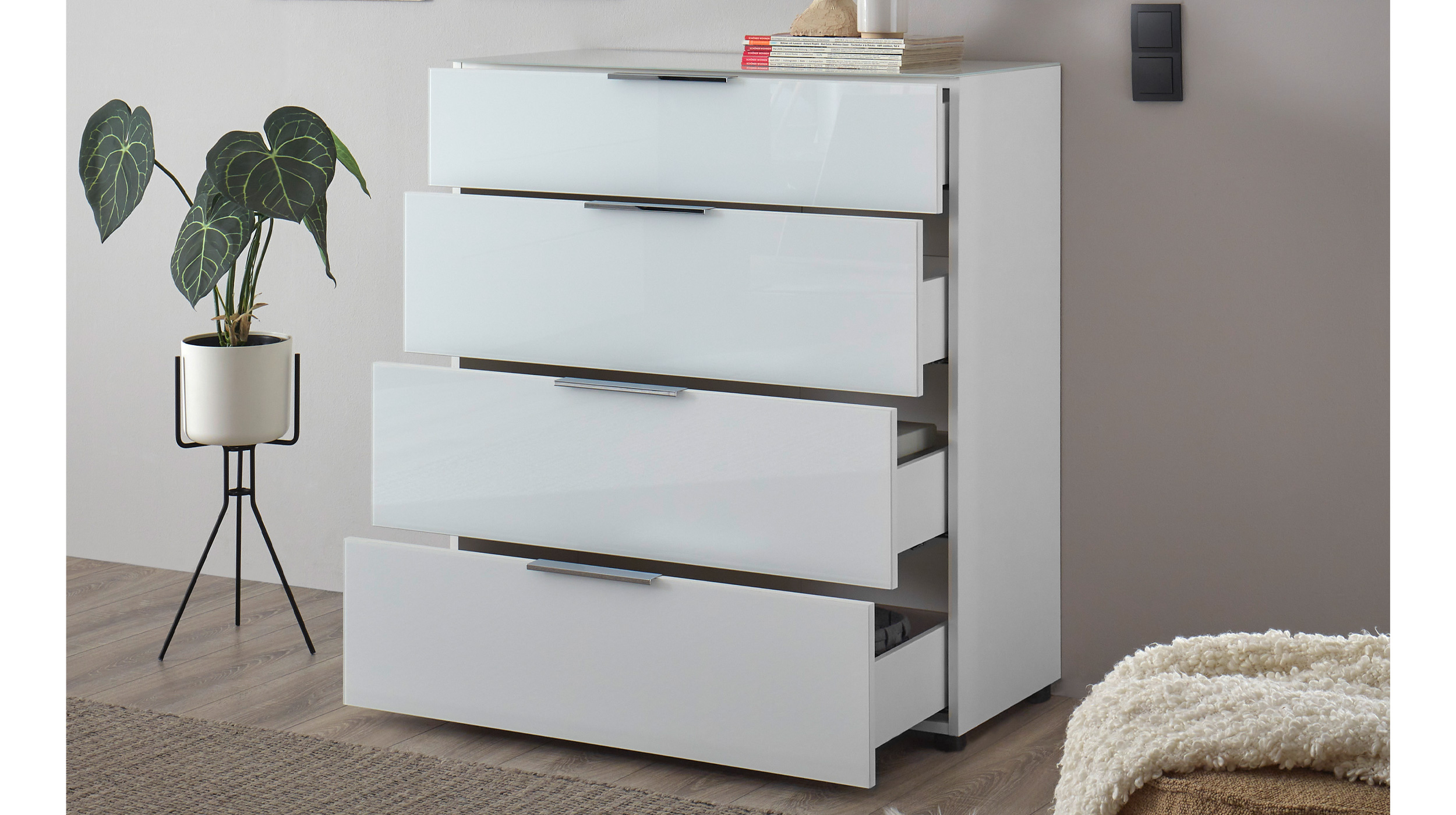Kommode 4 Schubladen - weiß - Glasfront - 90 cm - SANTORIN