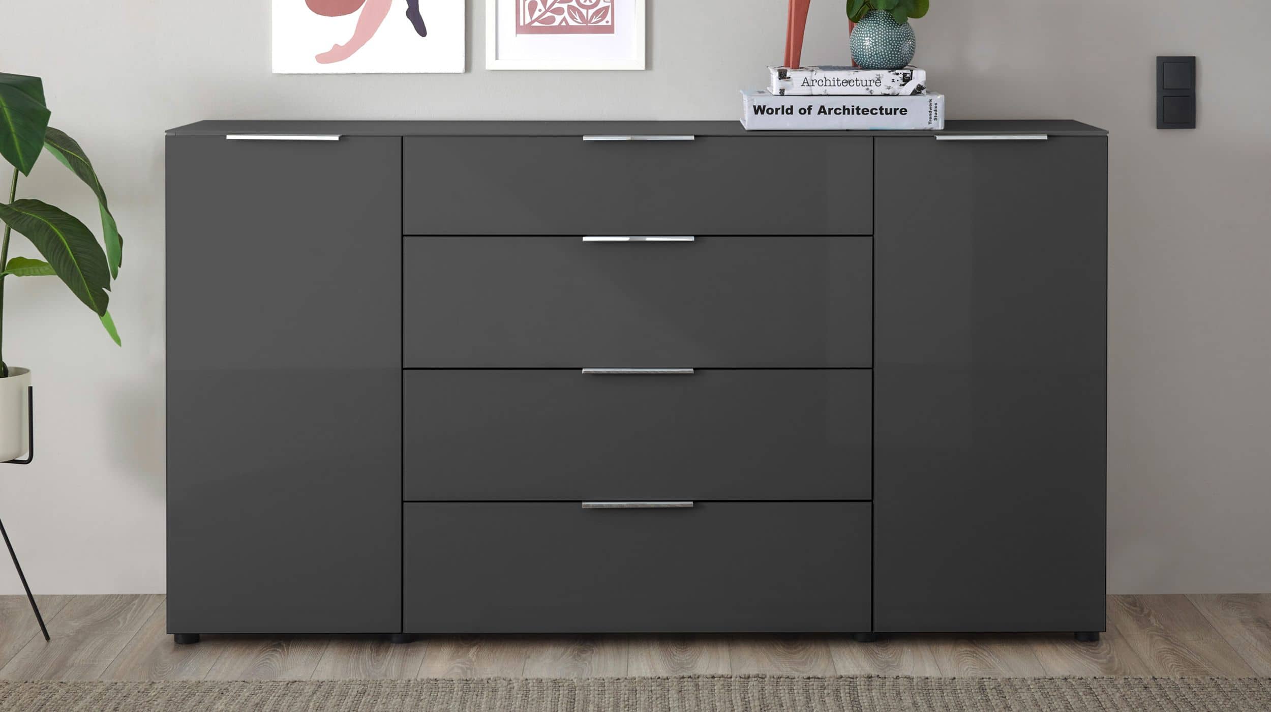 Sideboard 4 Schubladen - anthrazit - Glasfront - 180 cm - SANTORIN