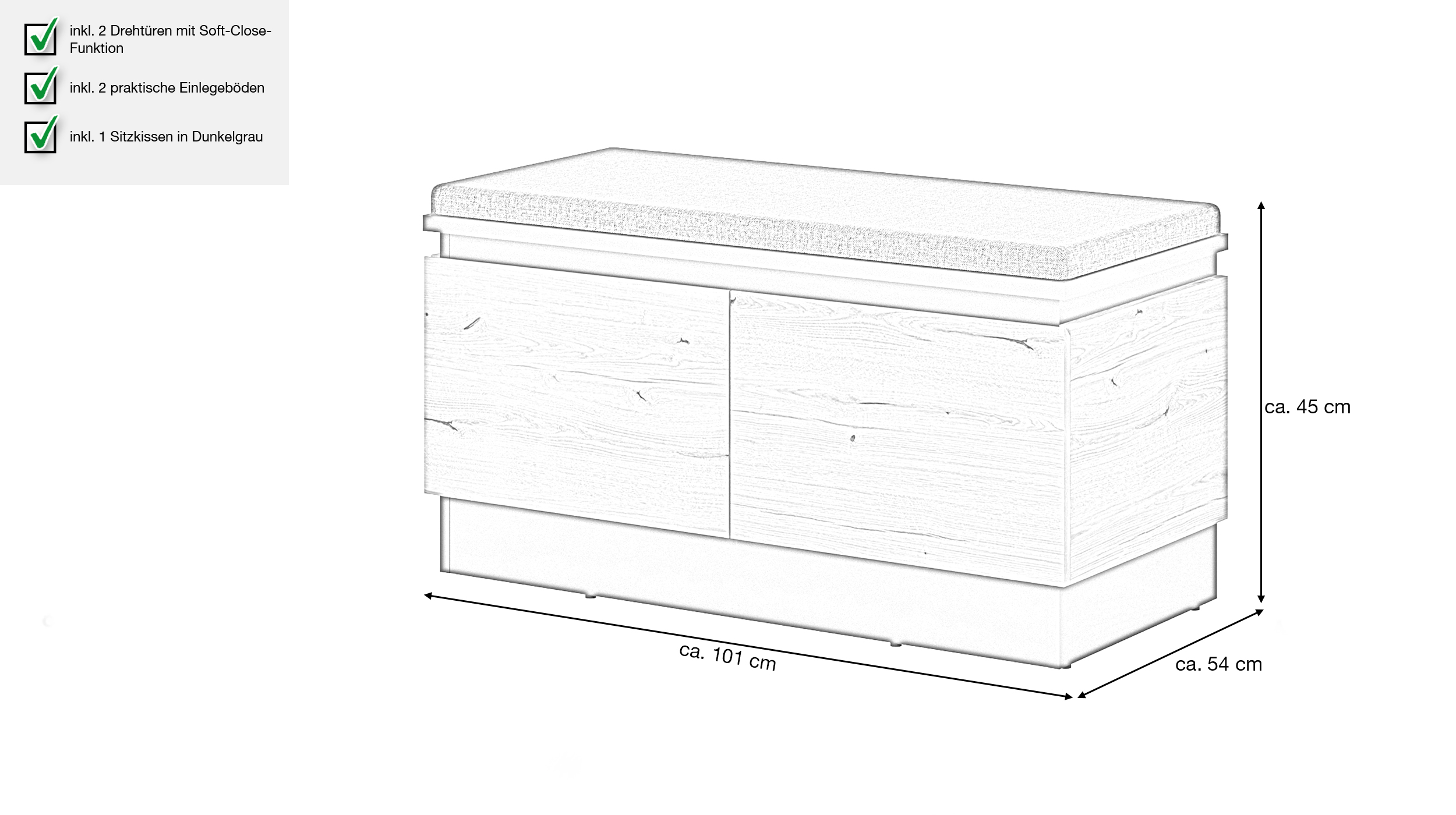 Garderobenbank Coast Evoke Eiche grau 101 x 54 cm - CORTE 
