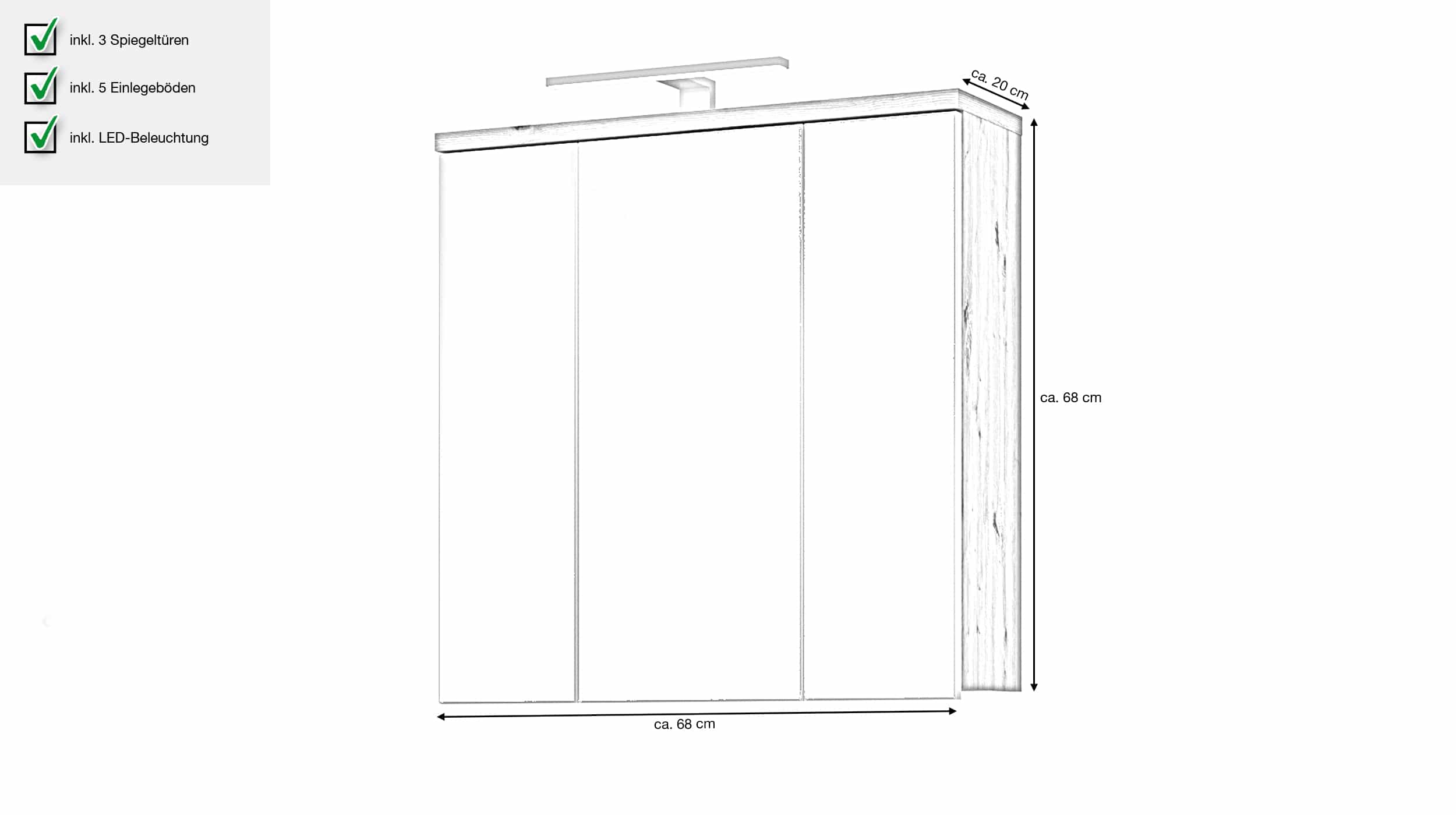 Spiegelschrank mit Beleuchtung Artisan Eiche 68 cm - VERIS