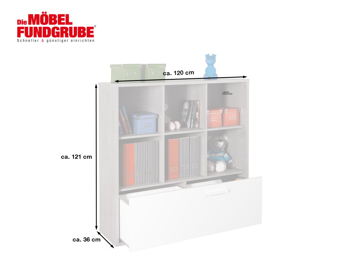 Bücherregal Standregal Betonoptik - weiß 120 x 121 cm - 1 Schublade - MIPIACE