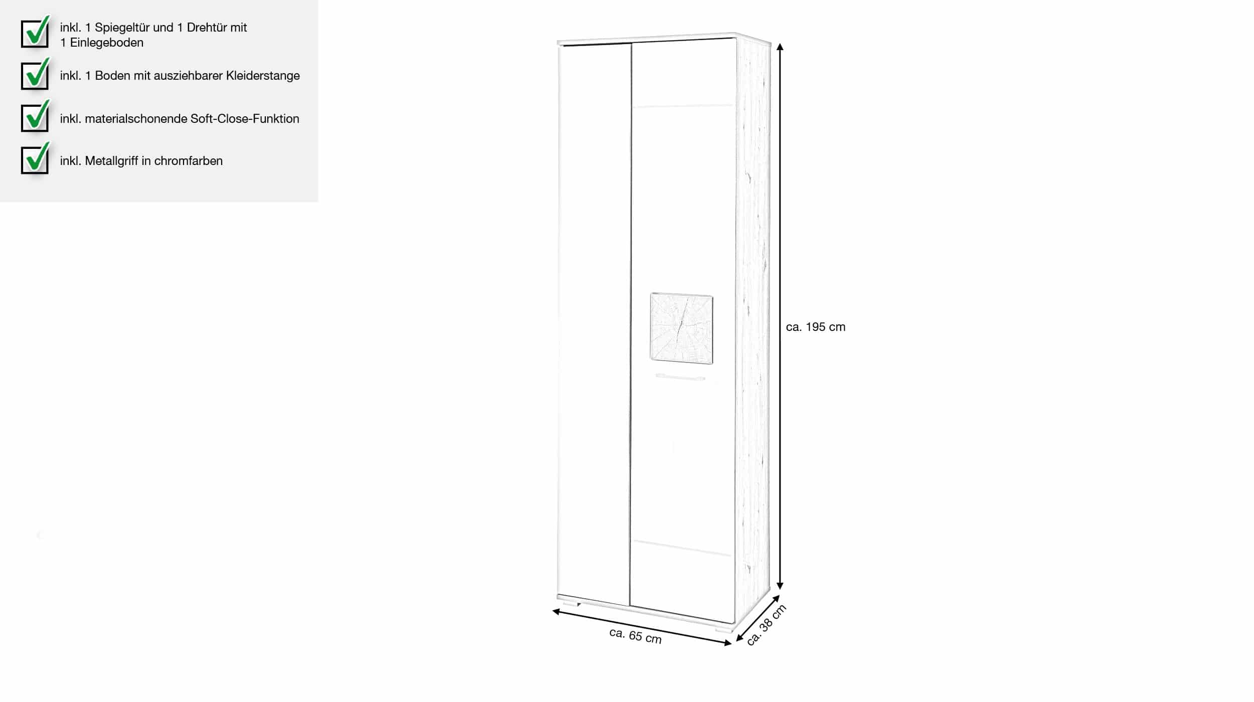Garderobenschrank weiß hochglanz - Artisan Eiche 195 cm - FUN