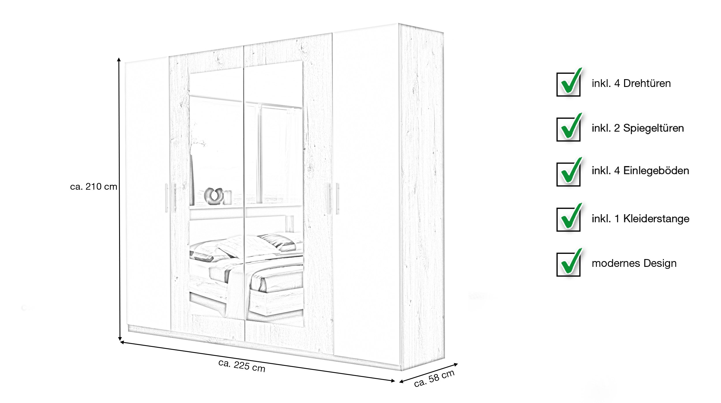 Kleiderschrank 225 cm Plankeneiche - weiß - NORA