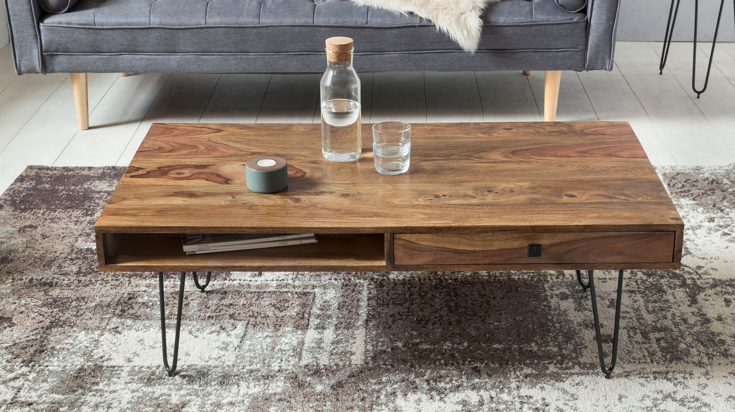 Couchtisch mit Schublade Sheesham massiv gebeizt 115 x 60 cm - BARBRO