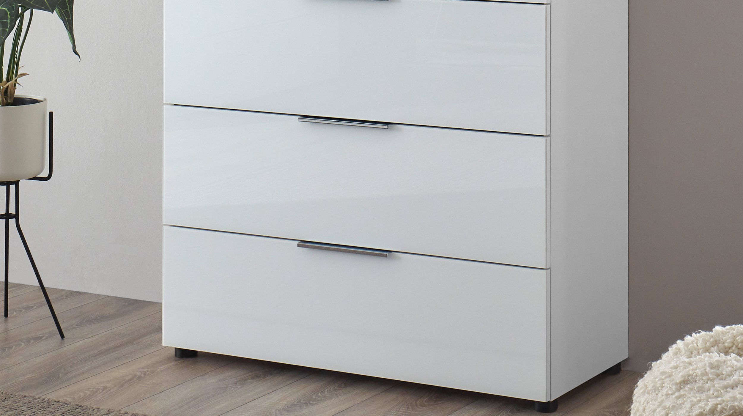 Kommode 4 Schubladen - weiß - Glasfront - 90 cm - SANTORIN
