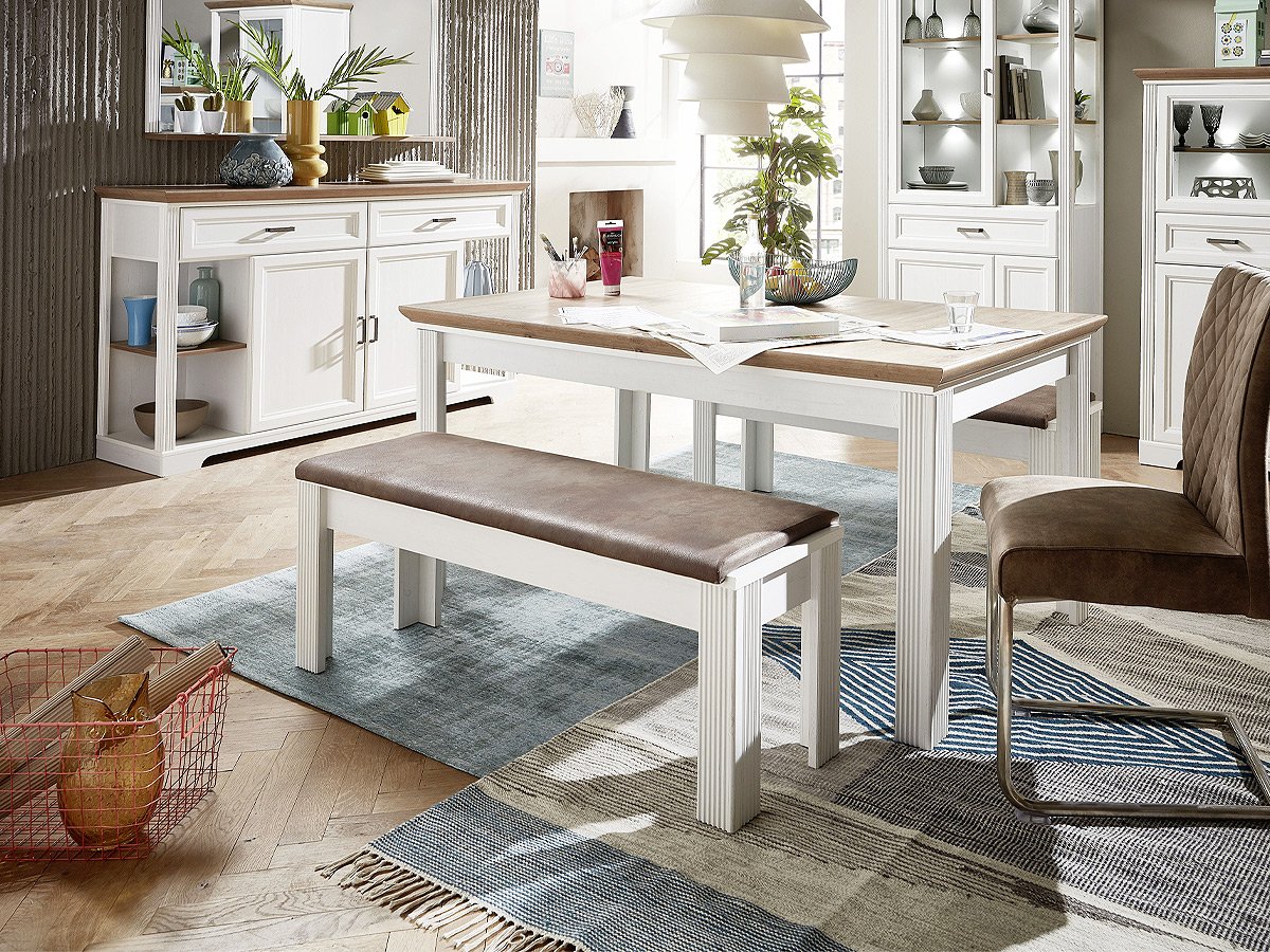 Sitzbank mit Kissen 126 cm Pinie weiß - braun - JASMIN