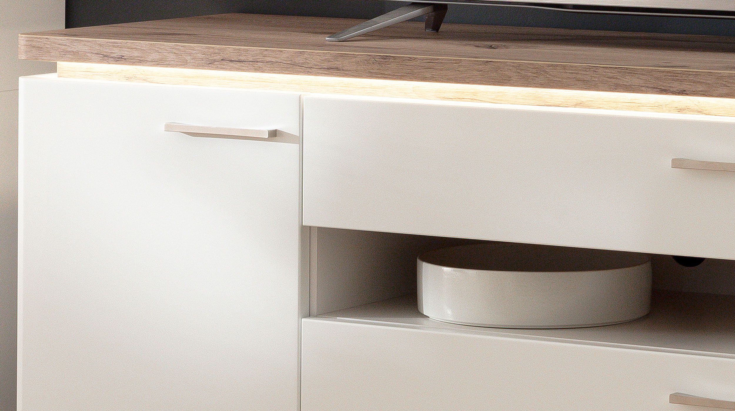 Wohnwand weiß - Viking Oak 295 cm LED-Beleuchtung - PALERMO