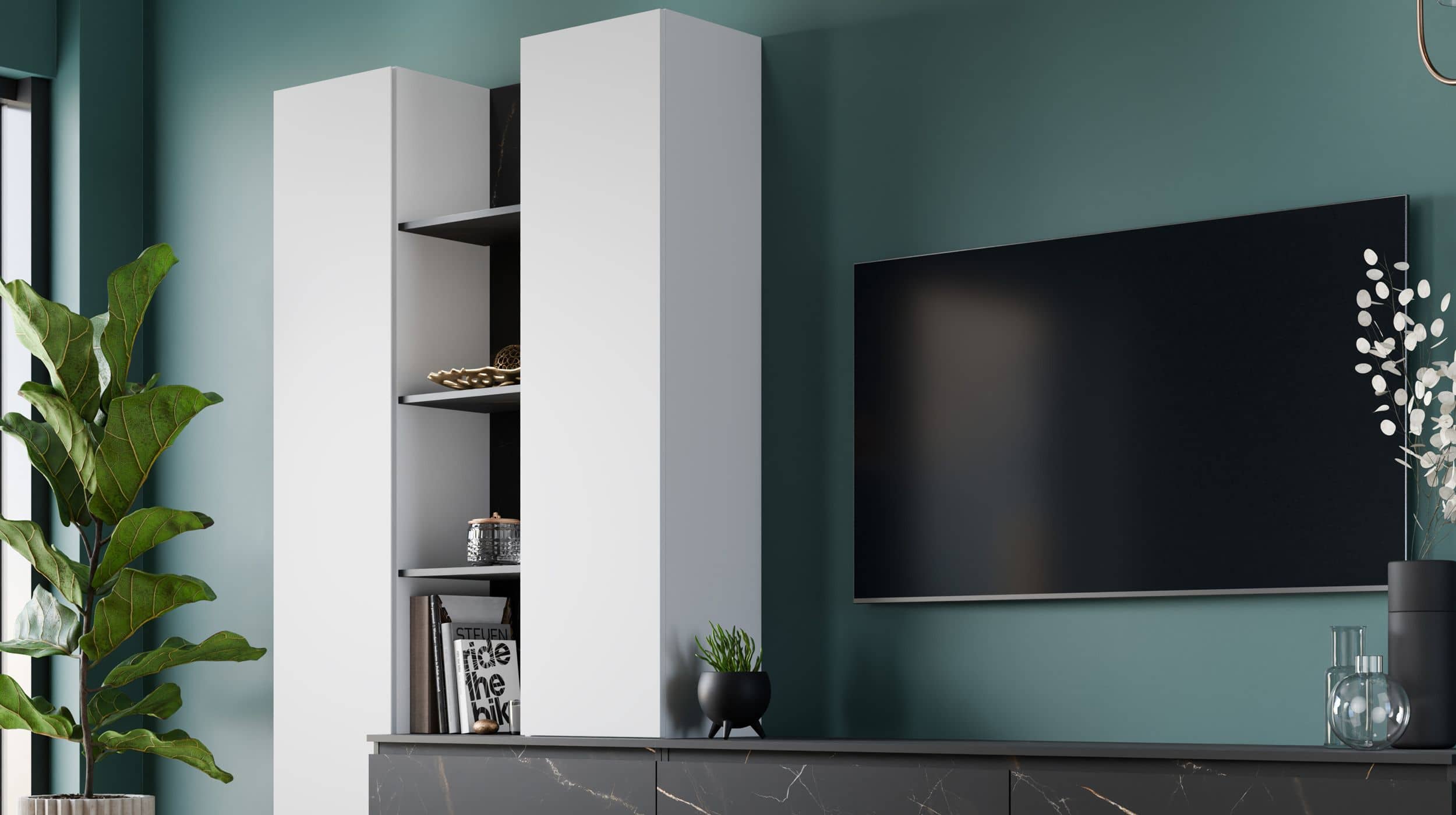Wohnwand alpinweiß - Marmoroptik 295 cm Anbauwand - MODATO