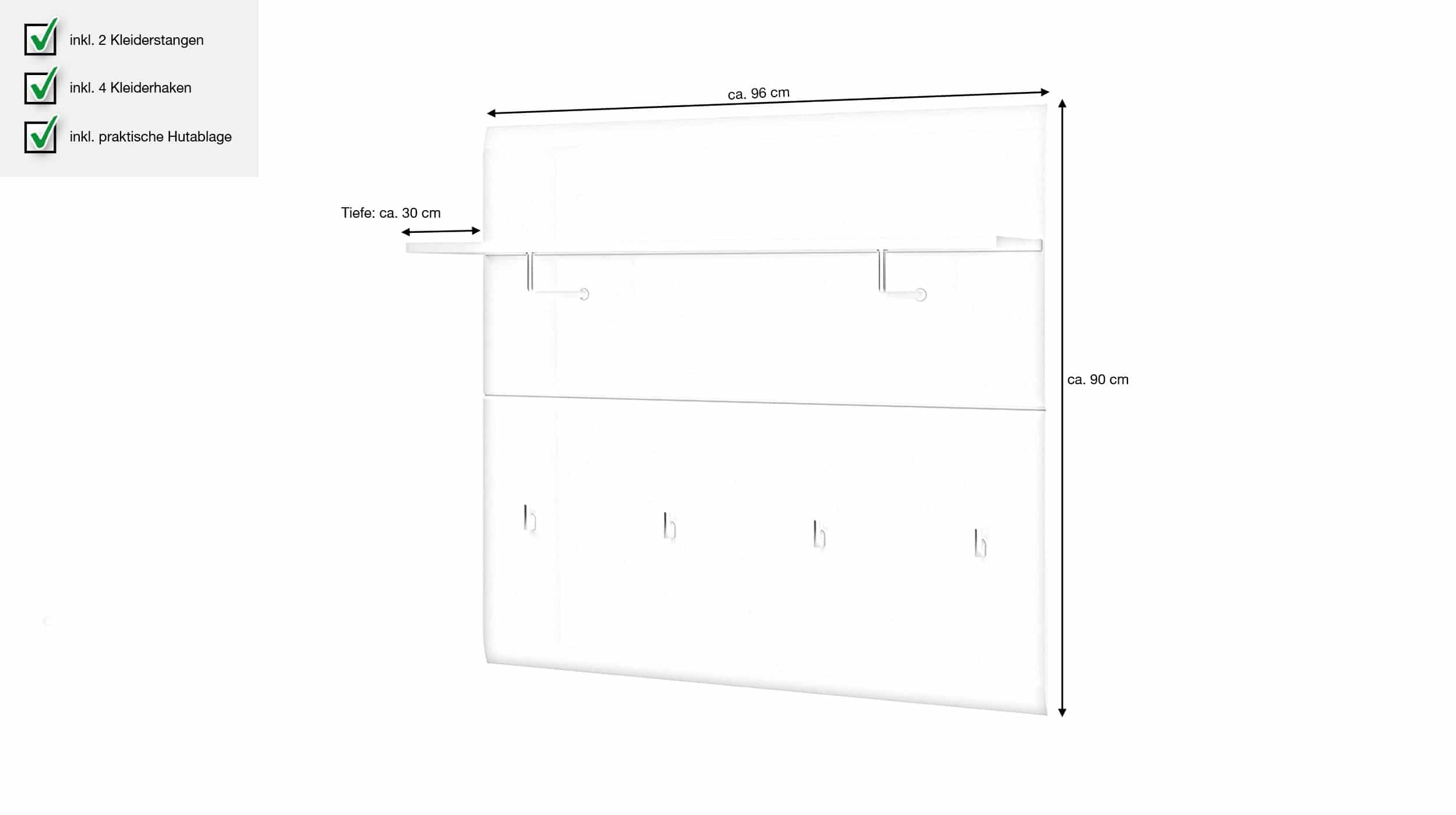Wandgarderobe Paneel weiß hochglanz Breite 96 cm - MERANO