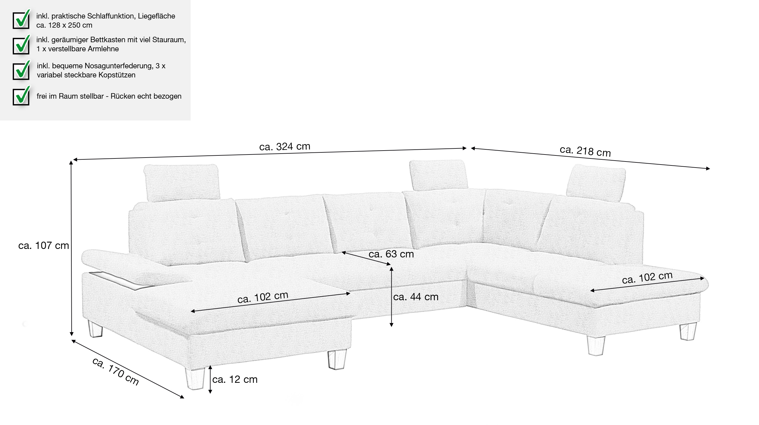 Wohnlandschaft Schlaffunktion grau - 324 cm - Bettkasten - ASCOT