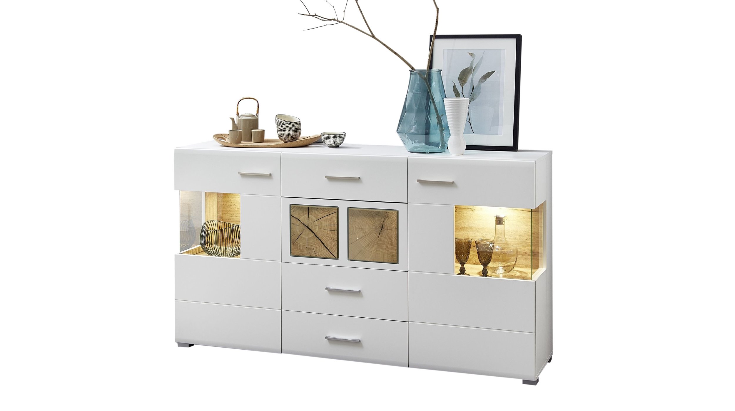 Sideboard weiß Hirnholzoptik 2-türig - 170 cm - FUN PLUS Sideboard mit Glastüren Hirnholz - weiß 170 cm - FUN PLUS