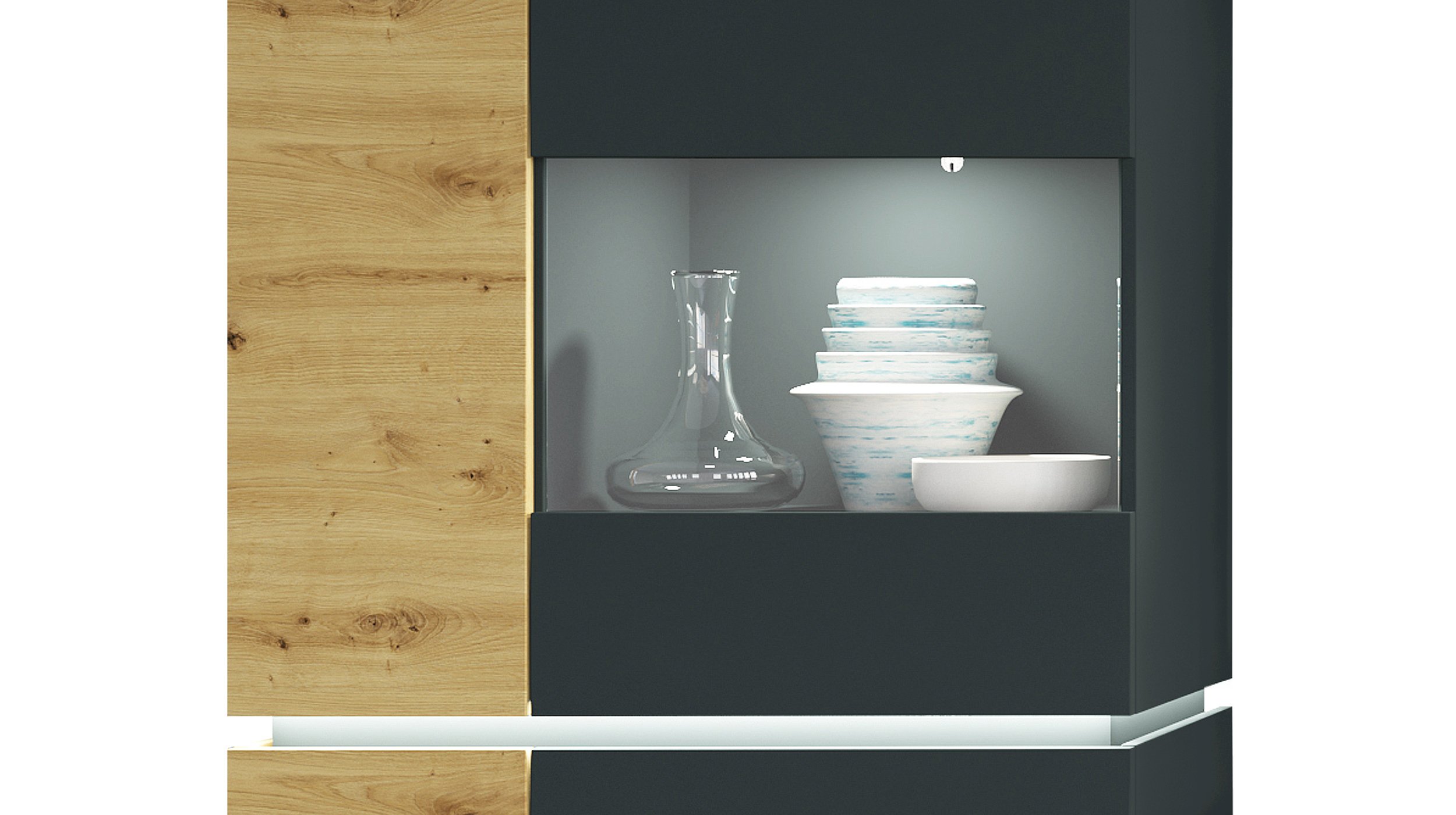 Vitrine Artisan Eiche - grau 199 cm mit Beleuchtung - LUCI