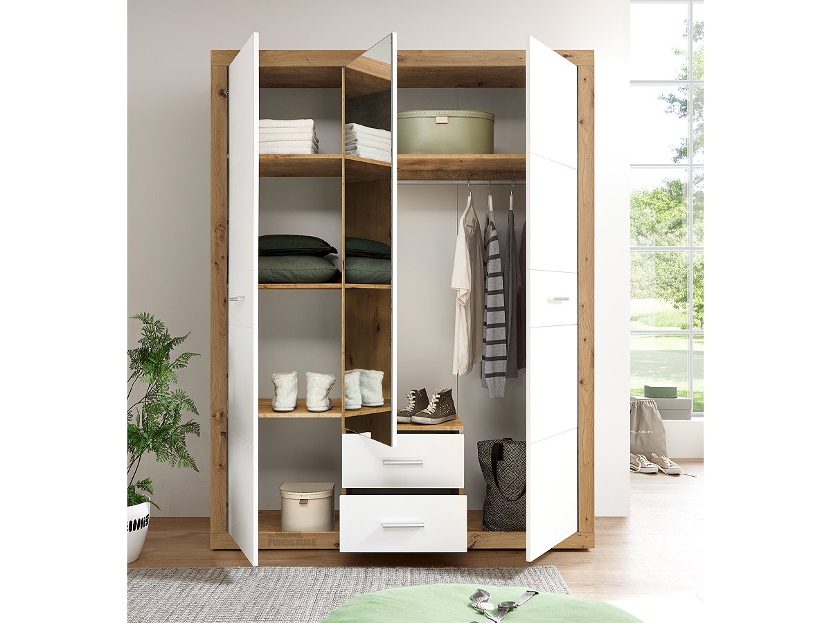 Kleiderschrank mit Spiegel - Artisan Eiche - weiß - 151 cm - STONE