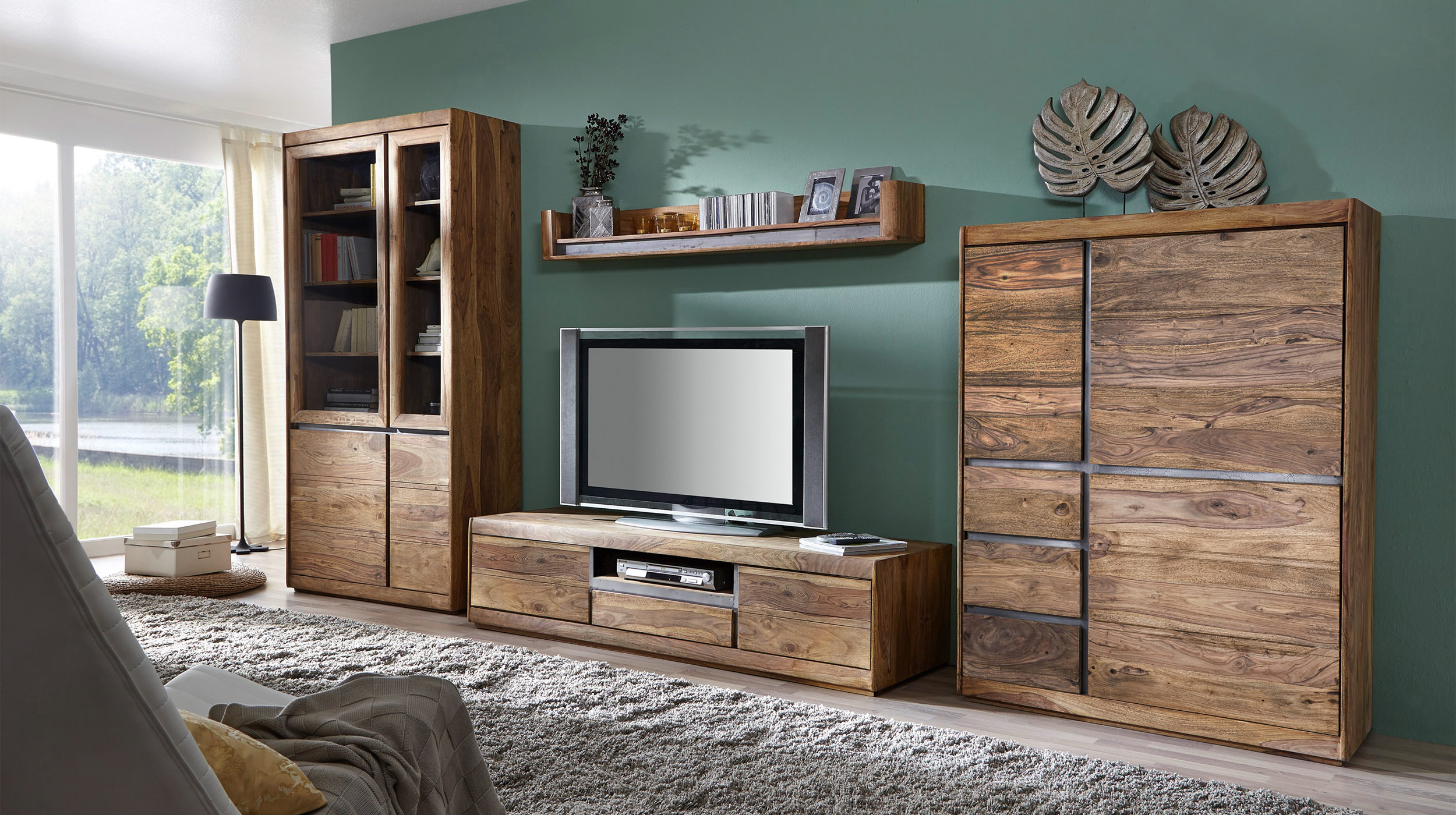 Highboard 3 Türen Sheesham massiv gebeizt 102 cm - SENSO