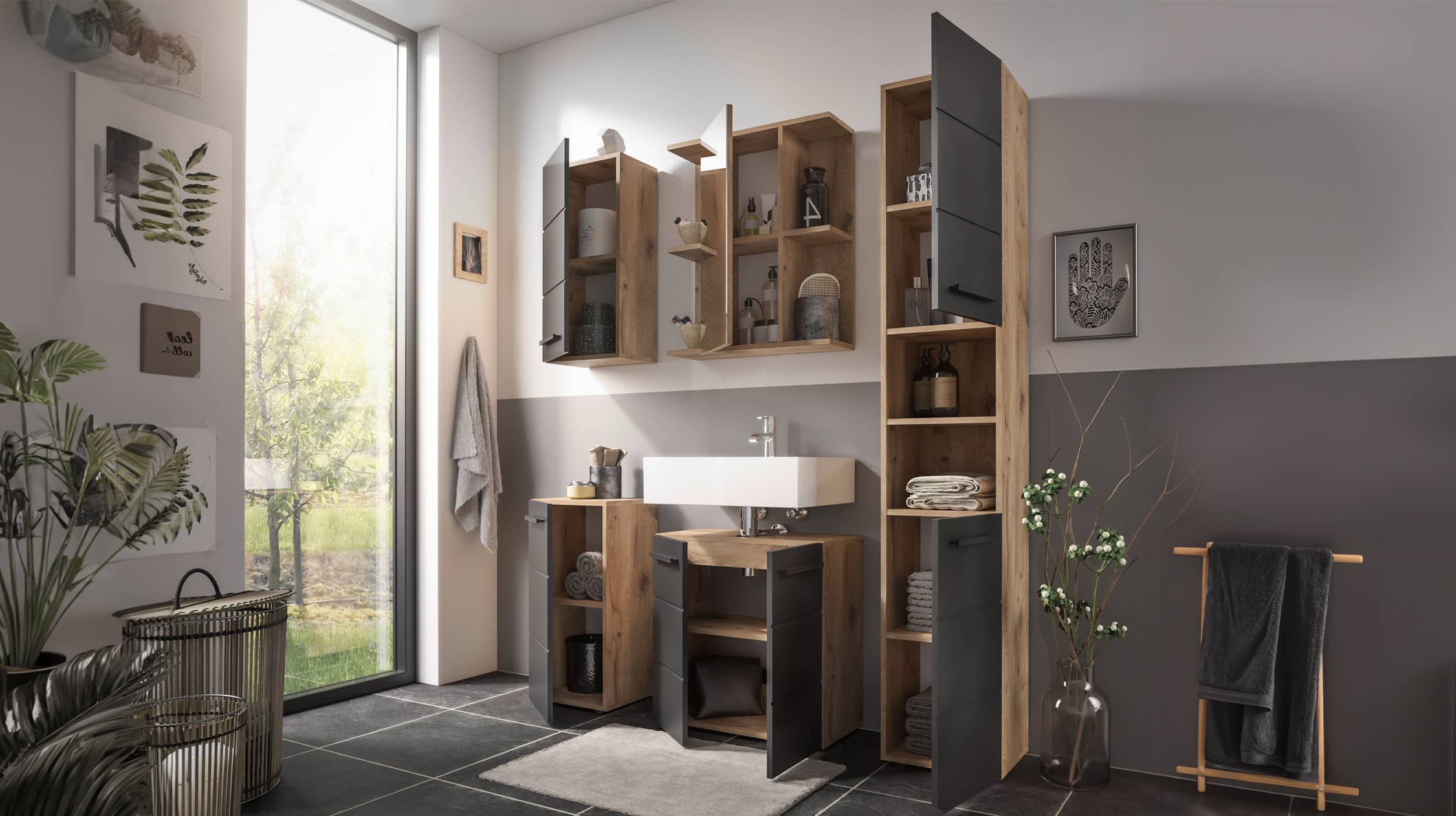 Bad Hochschrank schwarz - Viking Oak 190 cm - VISTA