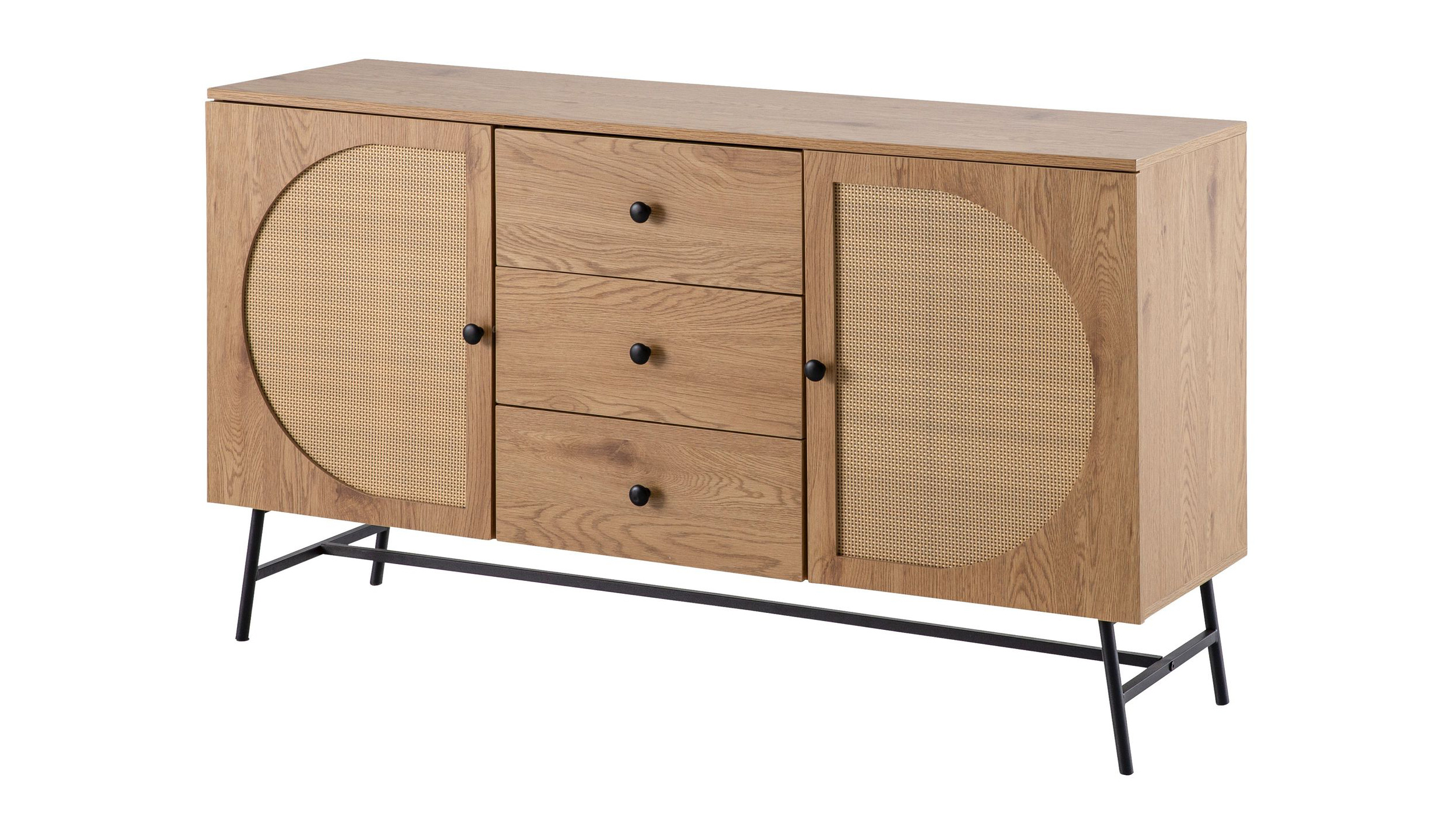 Sideboard mit 3 Schubladen Eiche Holzdekor - Rattan 140 cm - RATVAN Sideboard mit 3 Schubladen Eiche Holzdekor - Rattan 140 cm - RATVAN