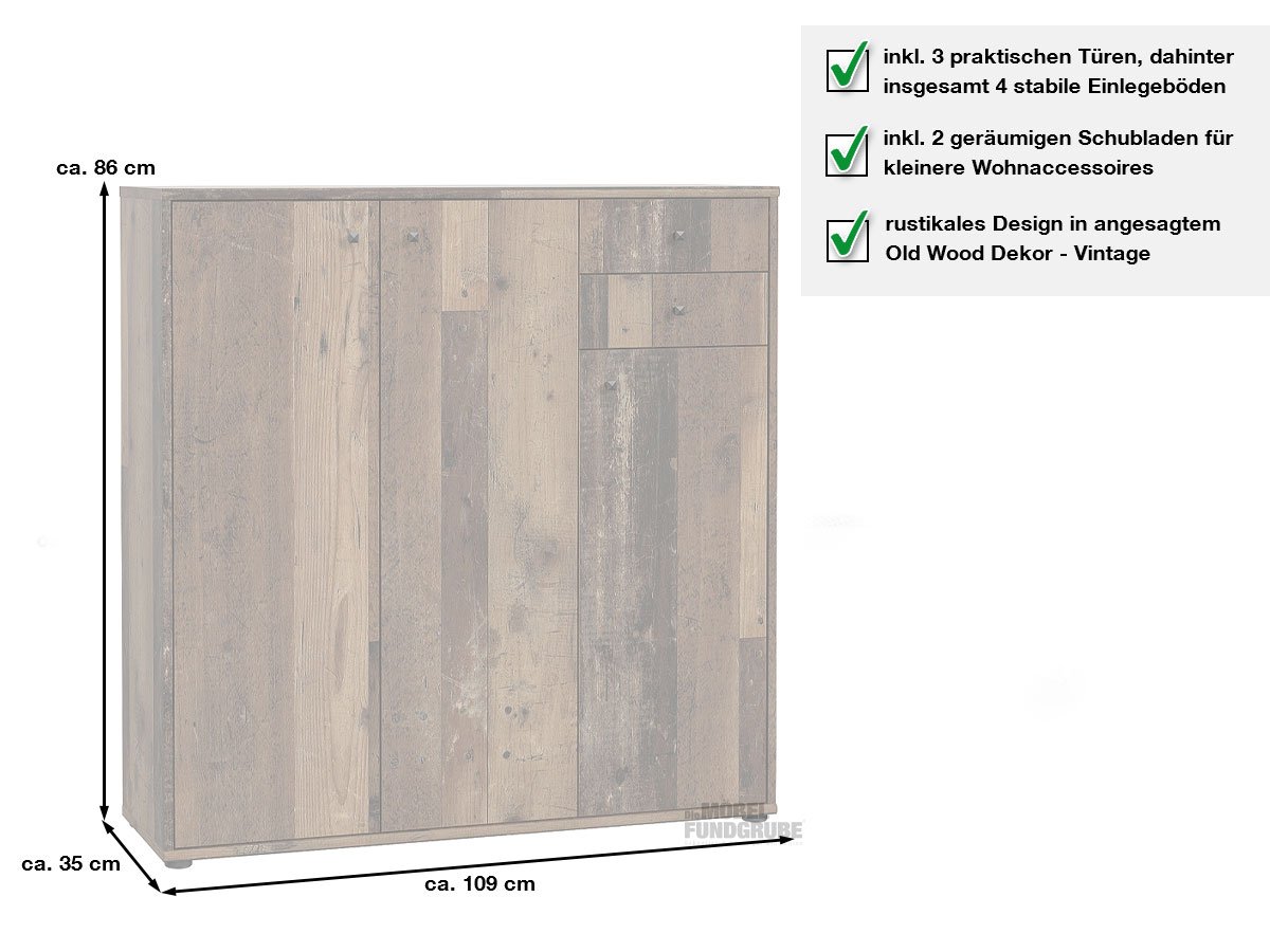 Kommode Old Wood 109 cm 3-türig - TEMPRA