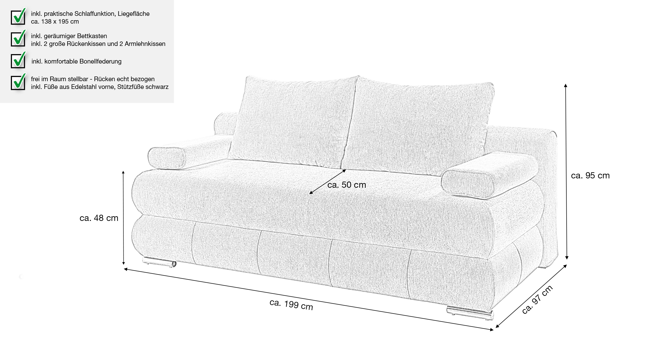 Schlafsofa mit Bettkasten grau 199 x 95 cm - BORNA