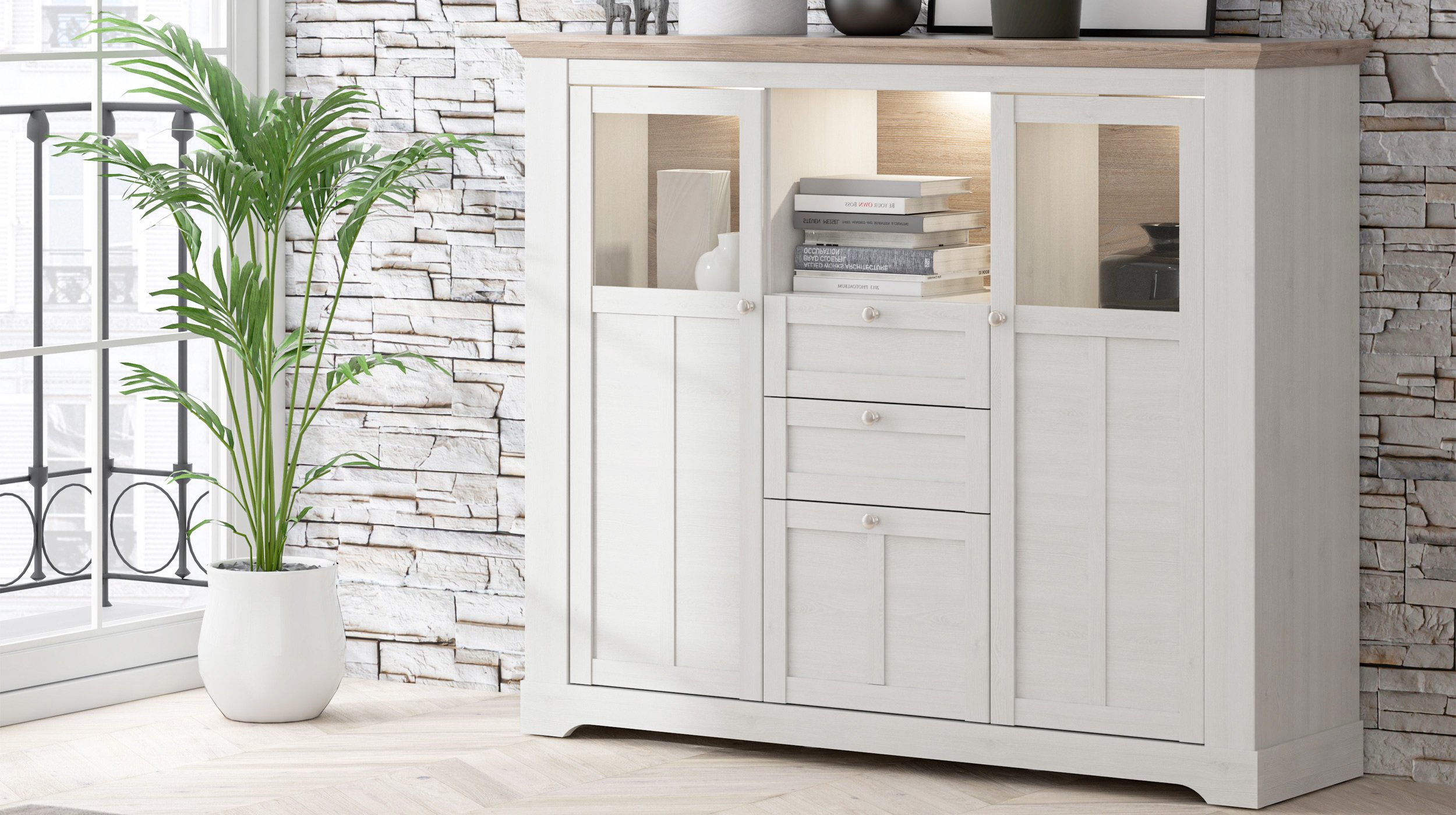Highboard Schneeeiche 136 cm mit LED - Beleuchtung - ILOPPA