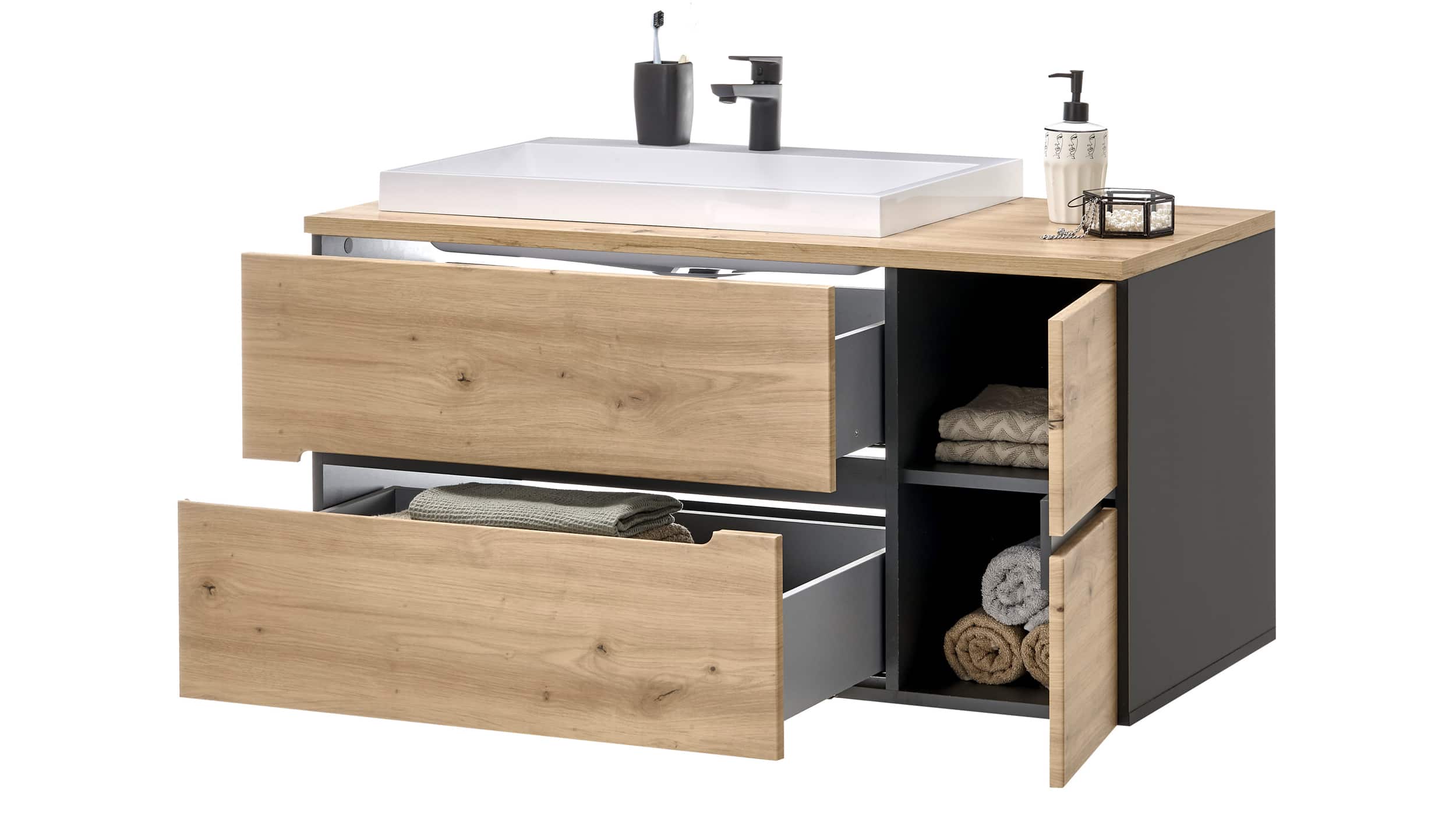 Waschbeckenunterschrank mit Becken Eiche - grau - MEMPHIS