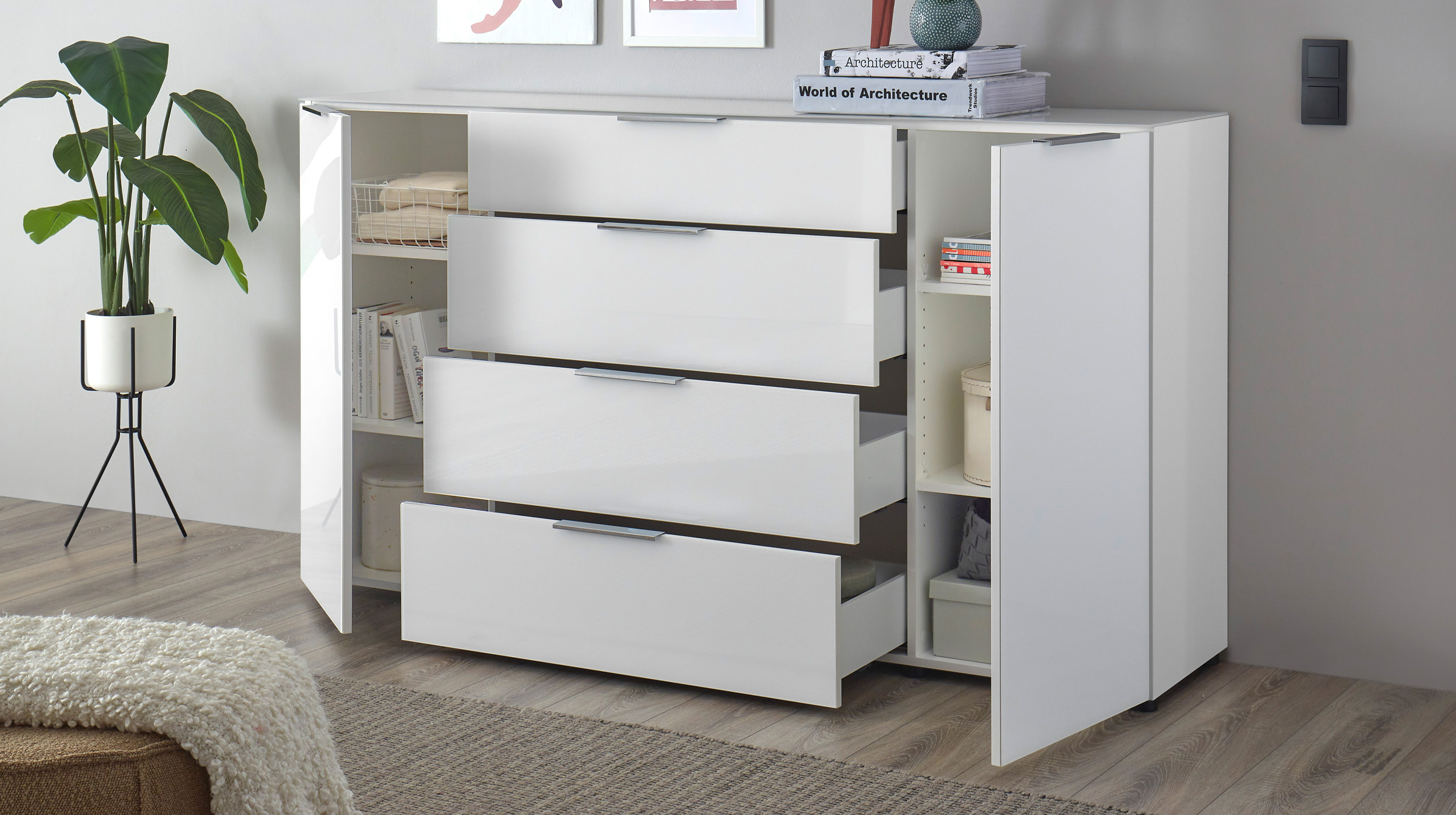 Sideboard 4 Schubladen - weiß - Glasfront - 180 cm - SANTORIN