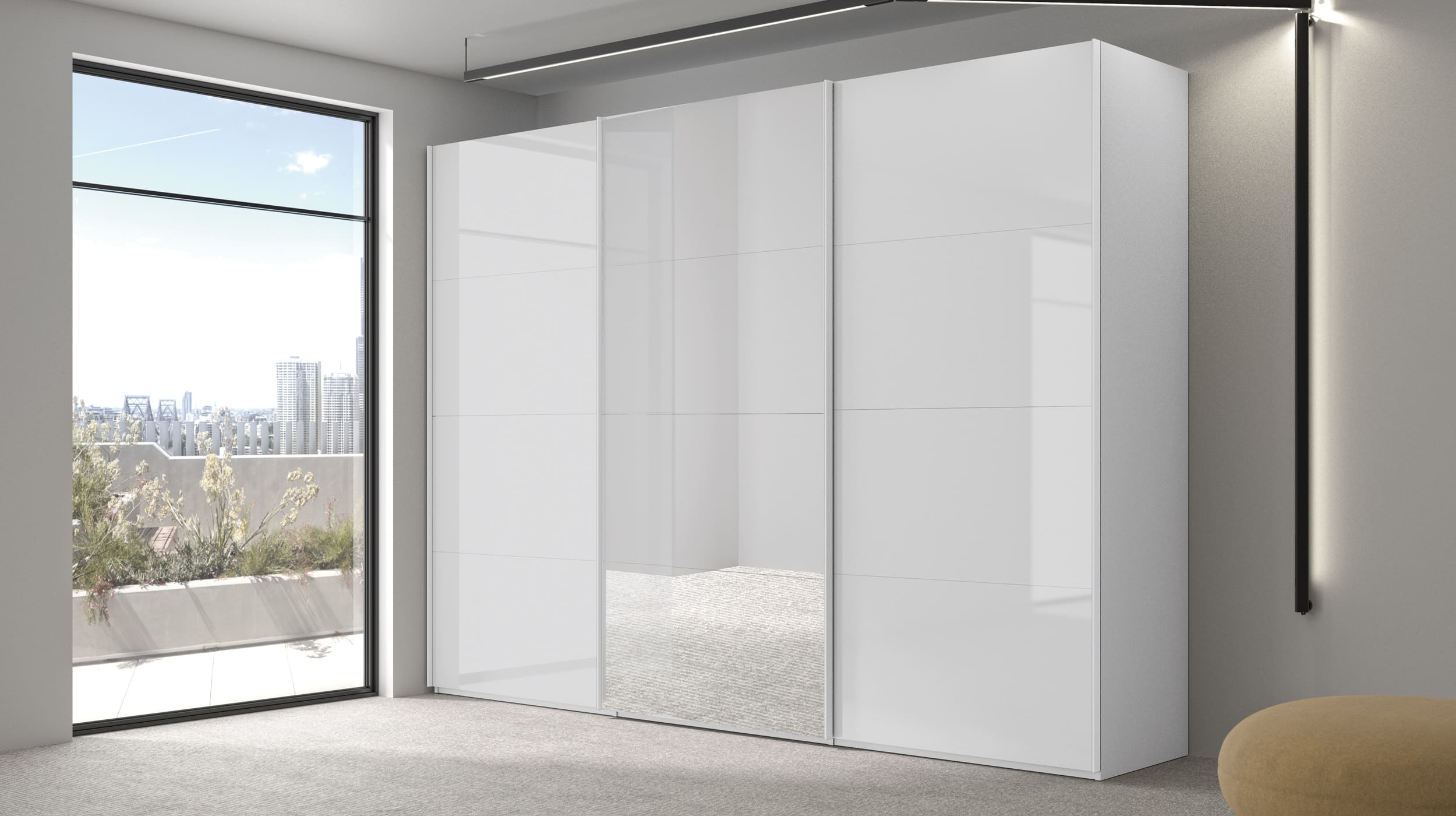 Schwebetürenschrank mit Spiegel weiß hochglanz - 301 cm - SYSTEMA