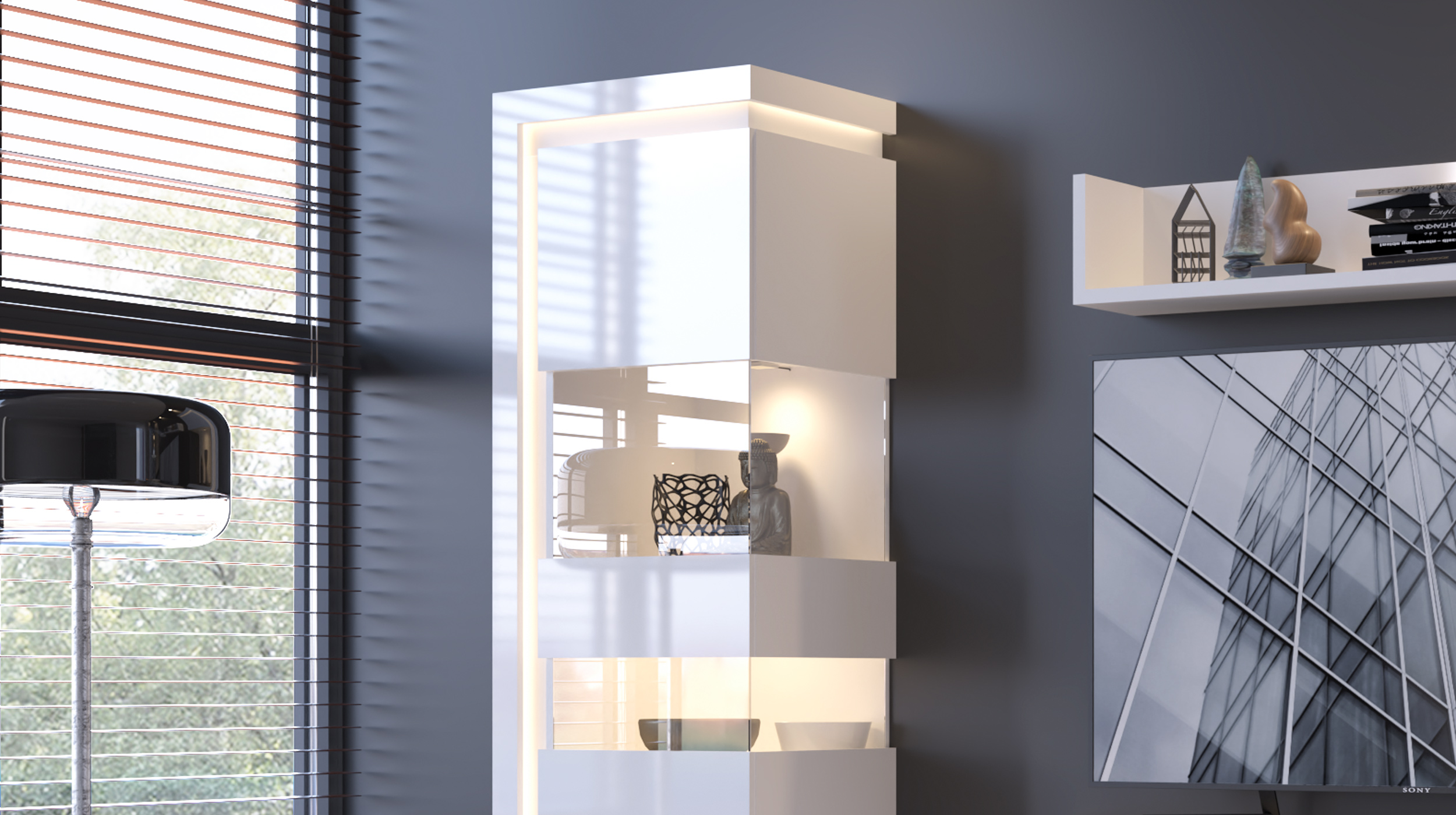 Vitrine mit Beleuchtung weiß Hochglanz Breite 60 cm - LYON