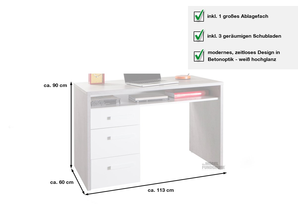 Computerschreibtisch Betonoptik - weiß 113 cm - MIPIACE