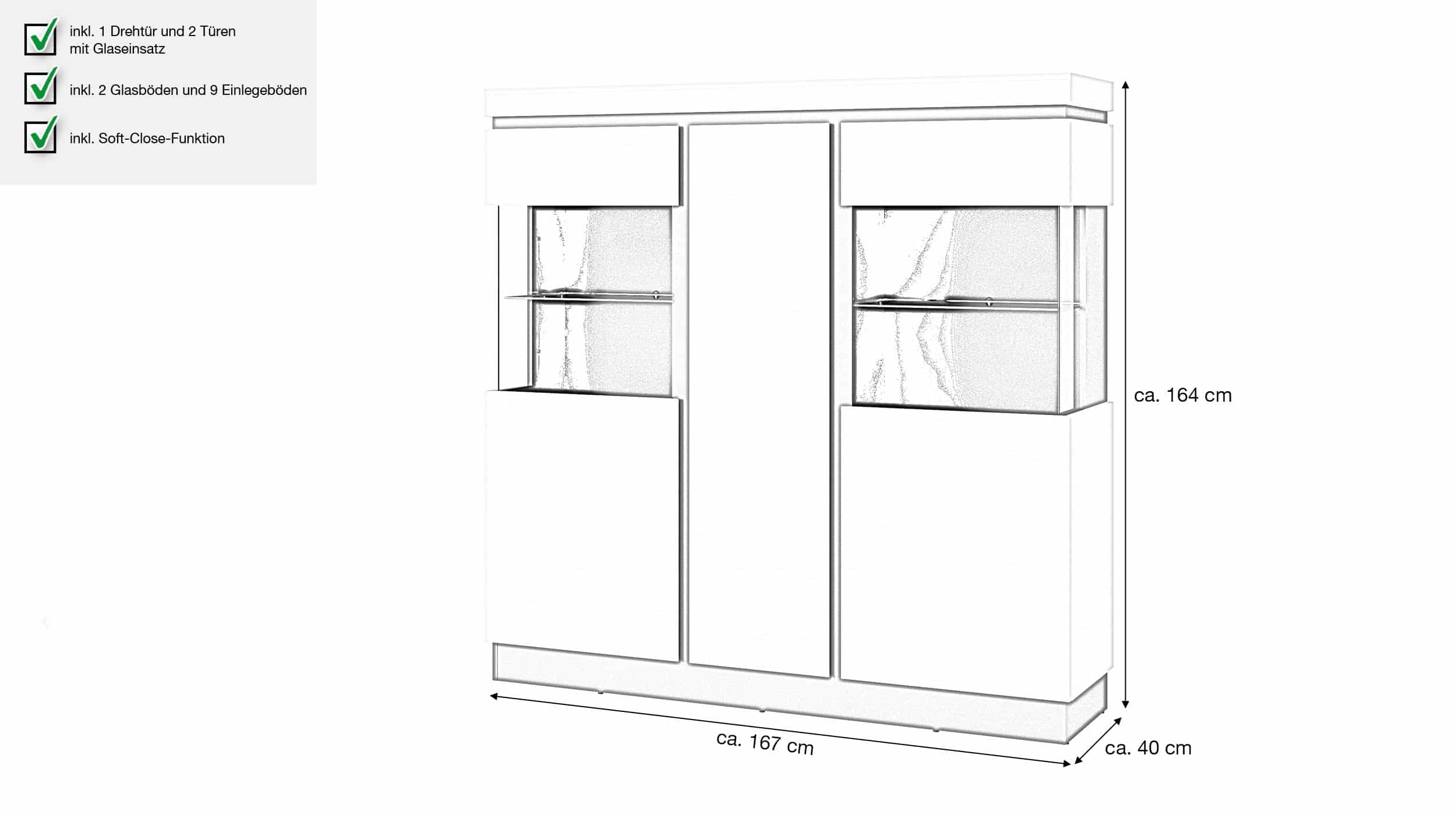 Vitrine alpinweiß anthrazit - 164 cm - 3-türig - CAMPANIA