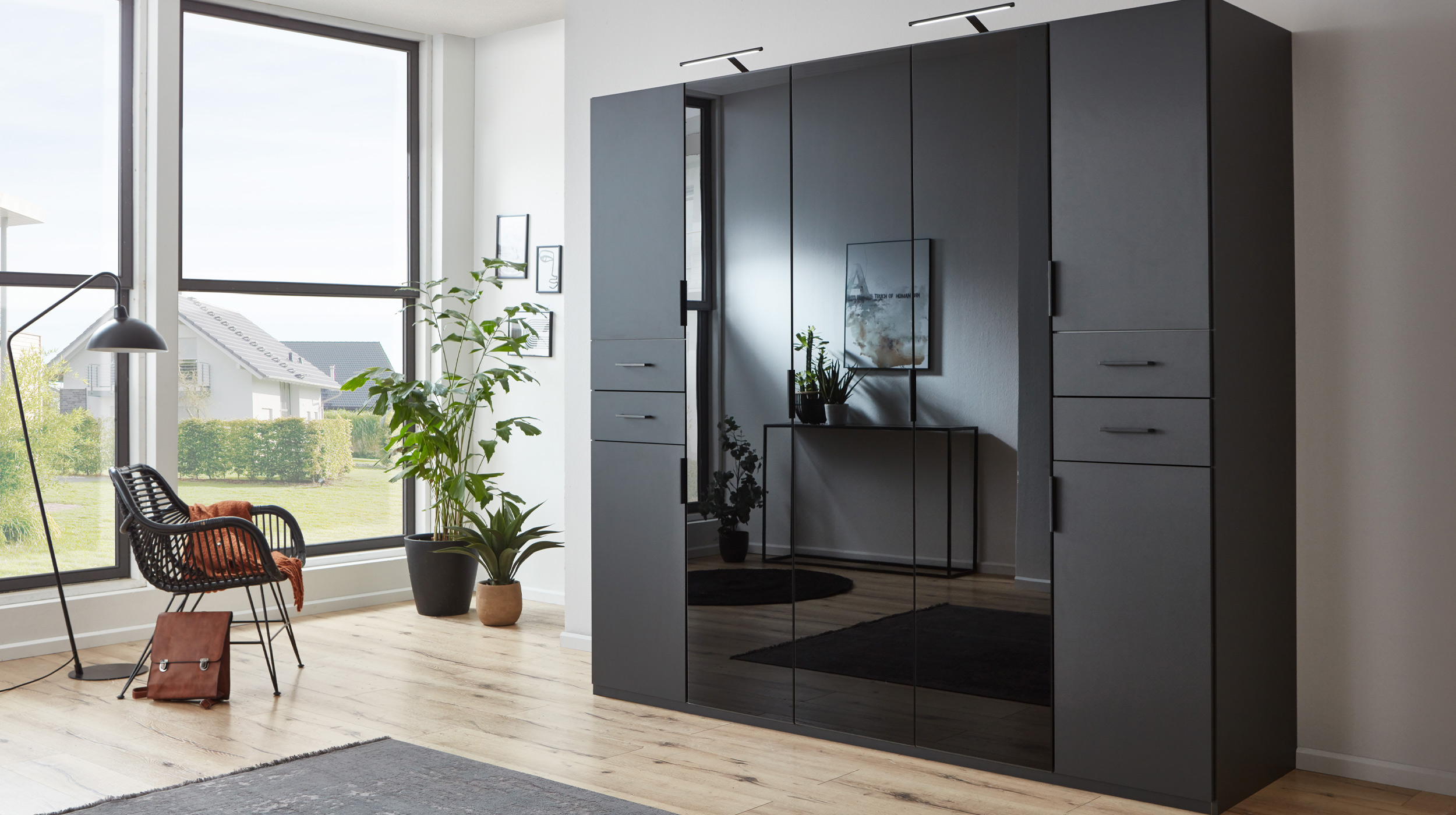 Kleiderschrank graphit Glas schwarz 225 cm - HENDRIK