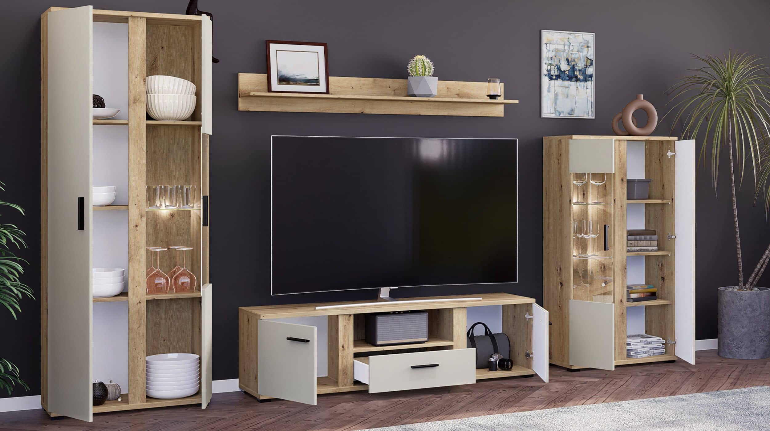 Wohnwand beige - Artisan Eiche 340 cm LED-Beleuchtung - KANADA