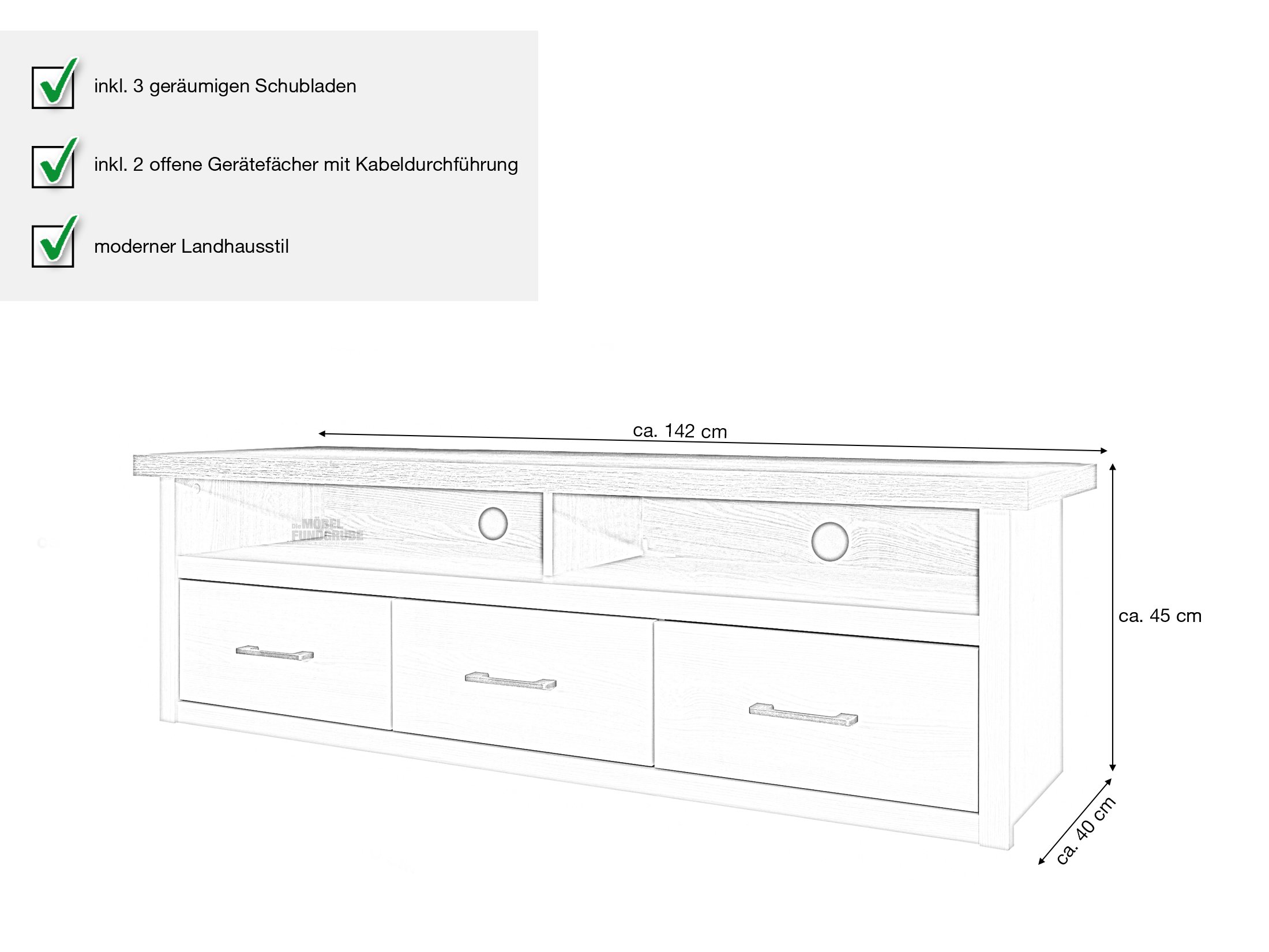 TV - Lowboard Pinie weiß - Trüffel 142 cm TV - Board - LUCA
