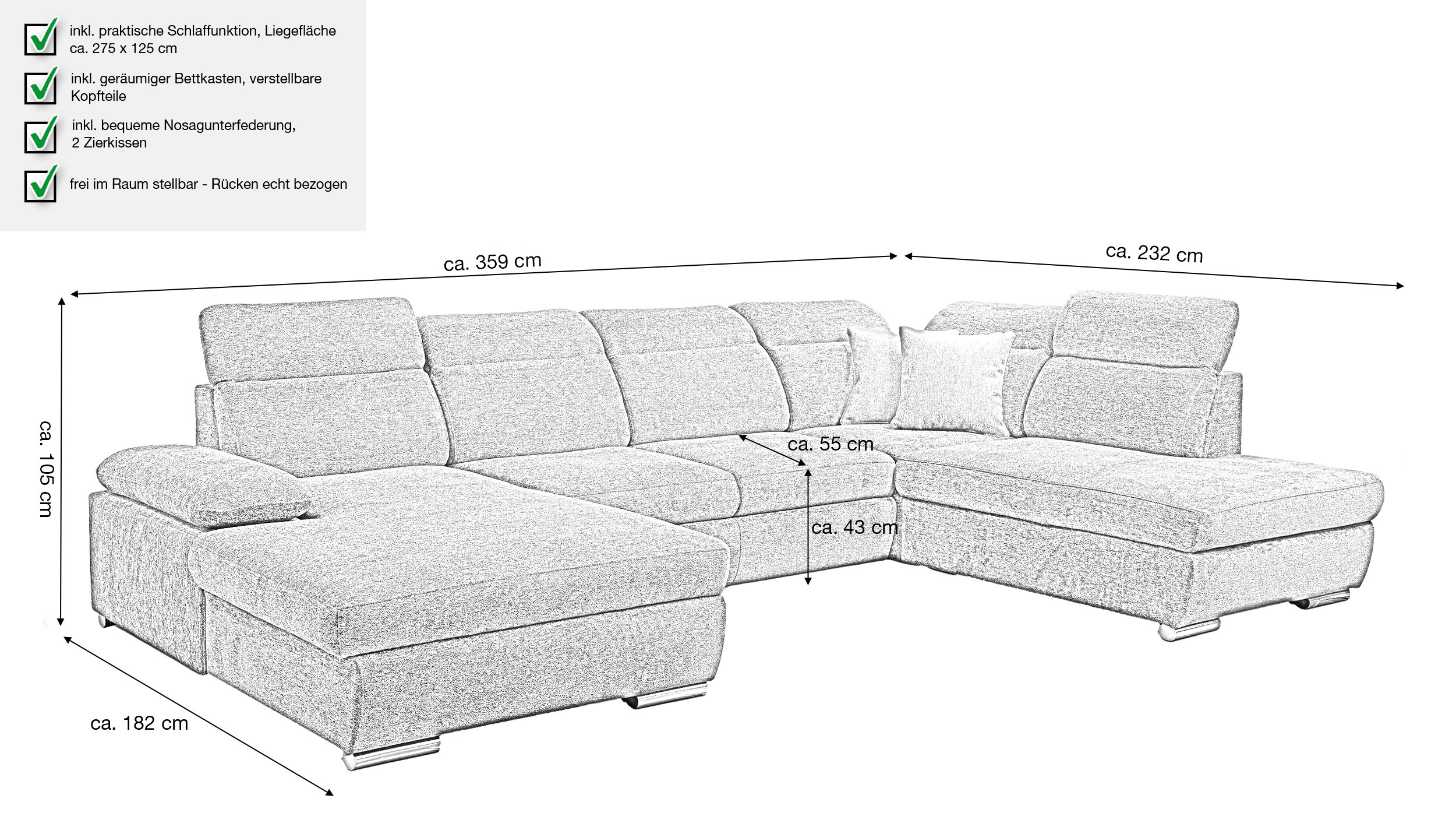 Wohnlandschaft Schlaffunktion anthrazit Bettkasten 359 cm - CORDOBA