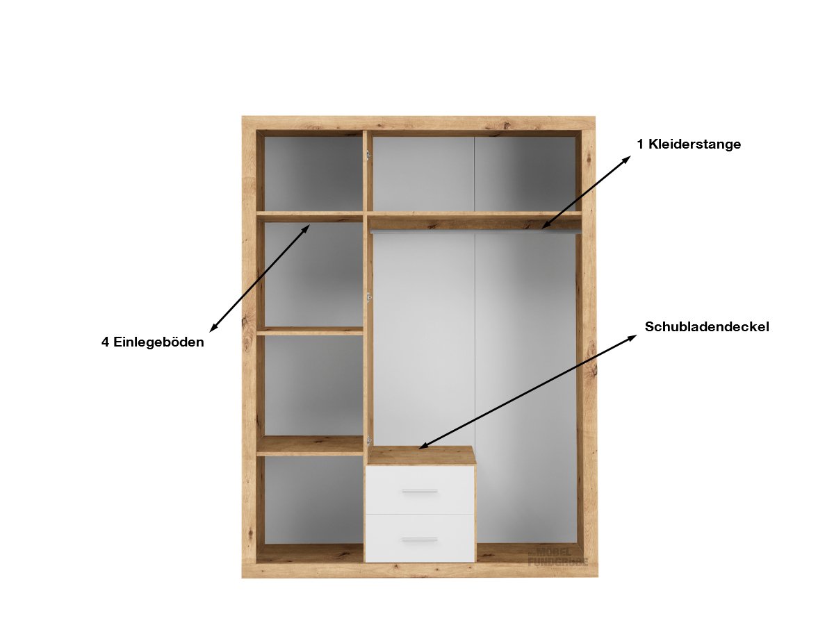 Kleiderschrank mit Spiegel - Artisan Eiche - weiß - 151 cm - STONE