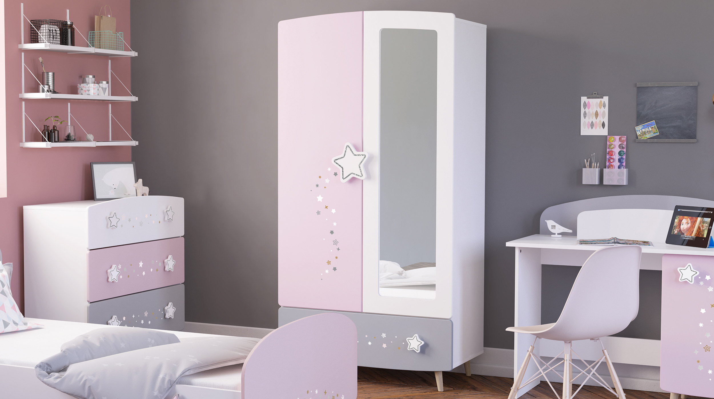 Kleiderschrank mit Spiegel - weiß - 95 cm - ETOILES