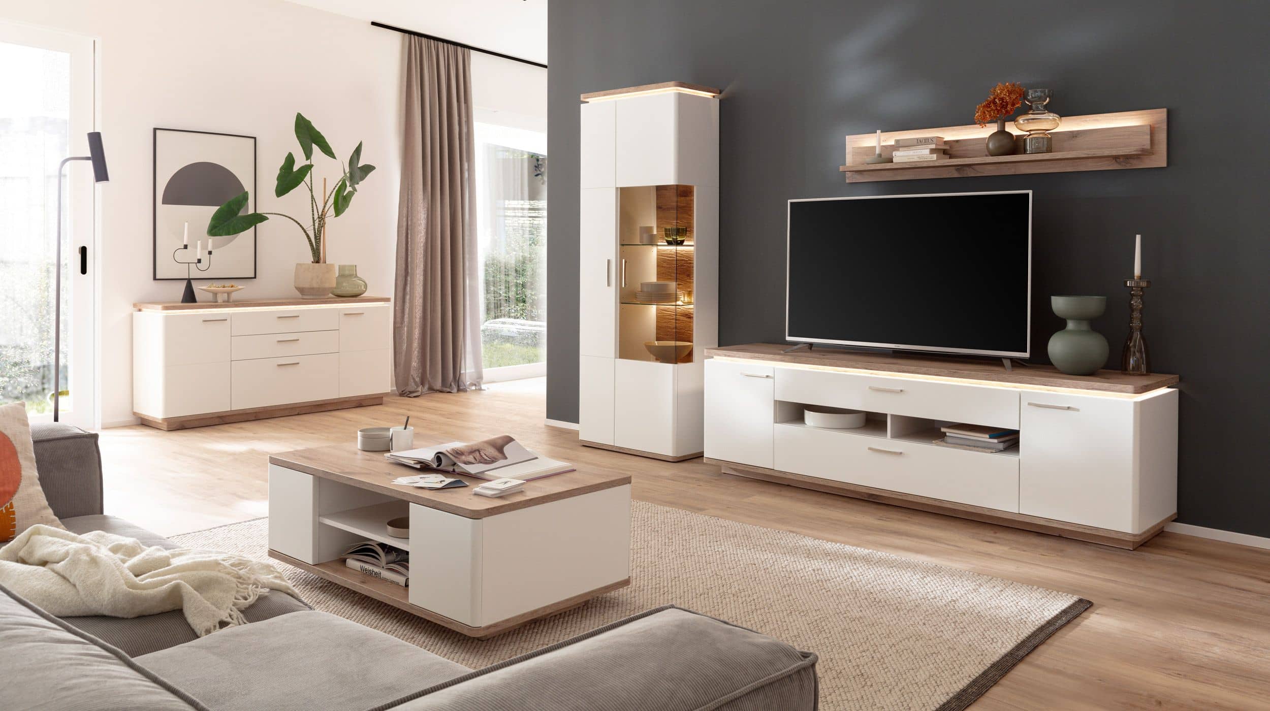 Wohnwand weiß - Viking Oak 295 cm LED-Beleuchtung - PALERMO