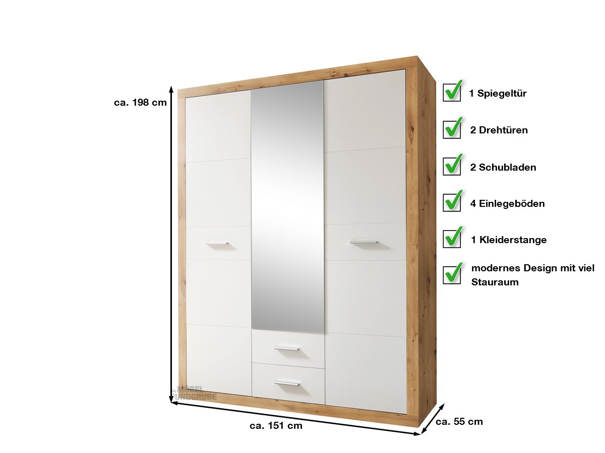 Kleiderschrank mit Spiegel - Artisan Eiche - weiß - 151 cm - STONE