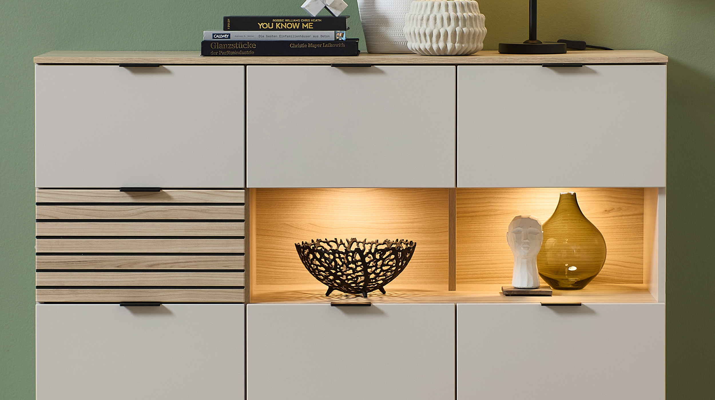 Highboard mit Beleuchtung beige - Riva Eiche 125 cm - INA