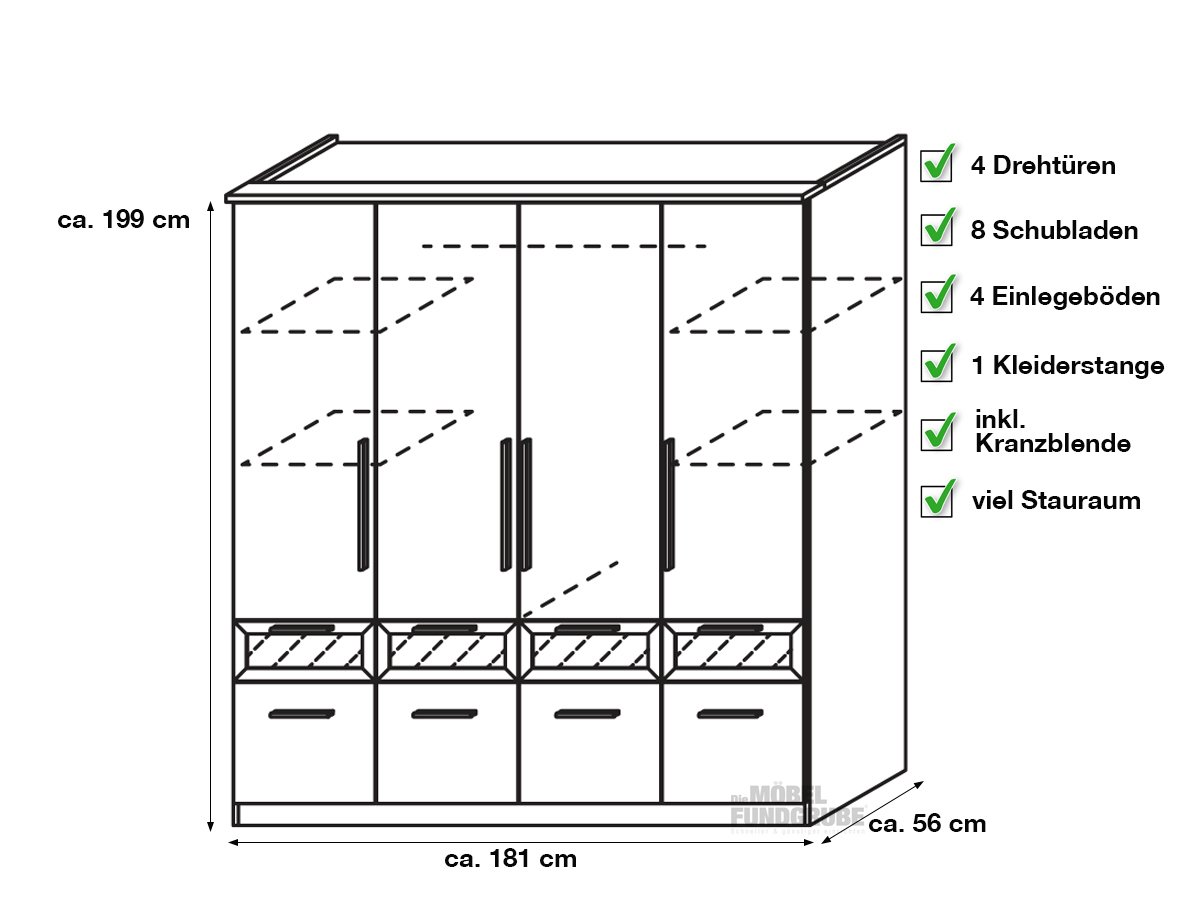 Kleiderschrank Sonoma Eiche 181 cm 4-türig - BOCHUM