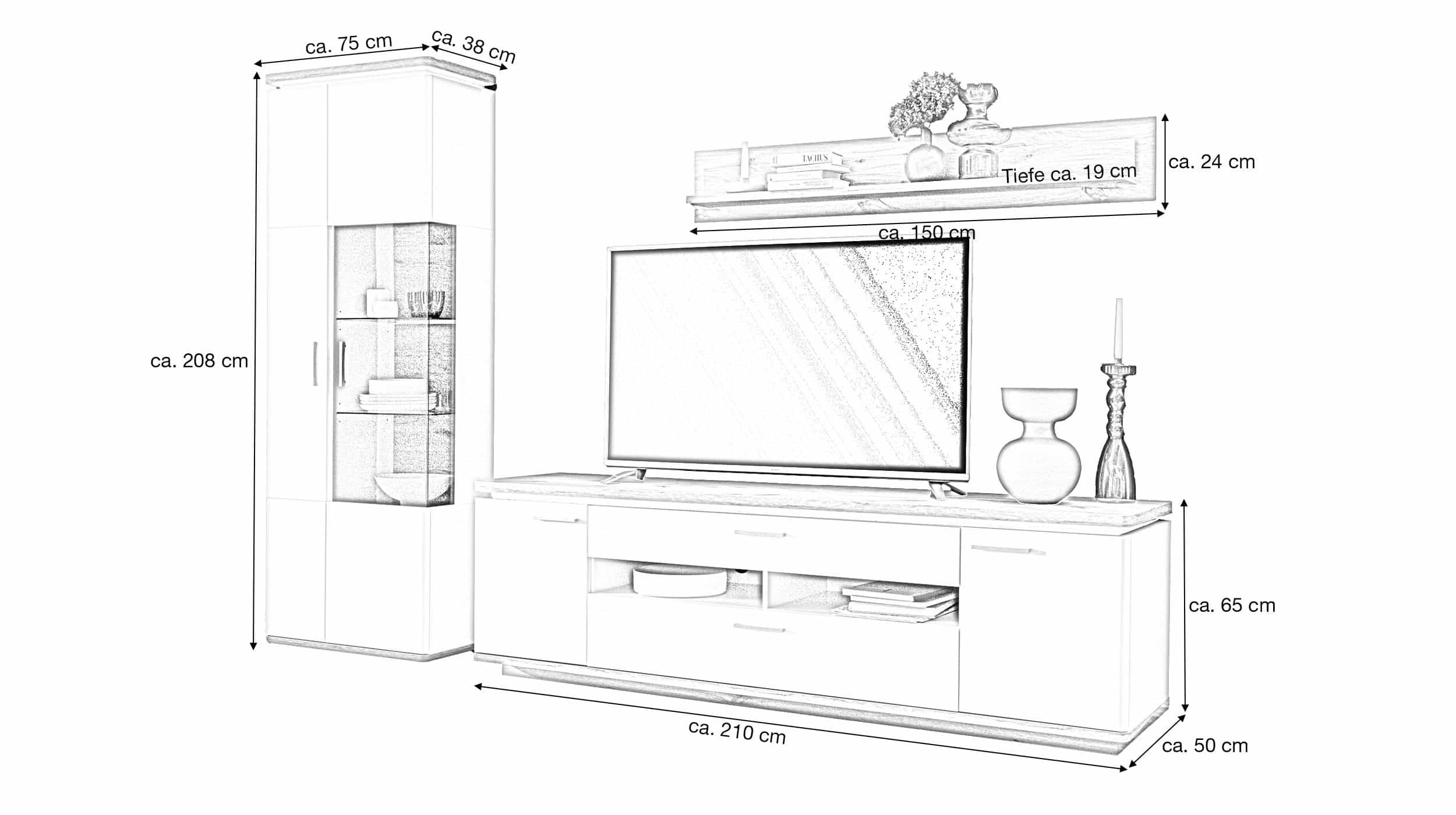 Wohnwand weiß - Viking Oak 295 cm LED-Beleuchtung - PALERMO