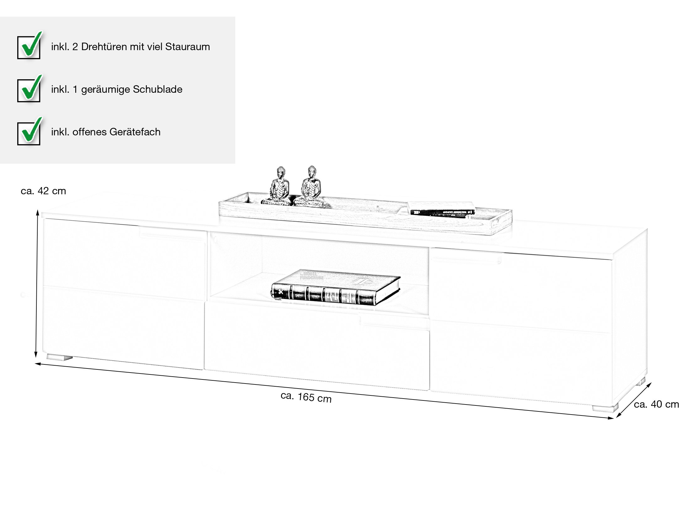 TV - Lowboard weiß hochglanz 165 cm TV - Board - SPICE