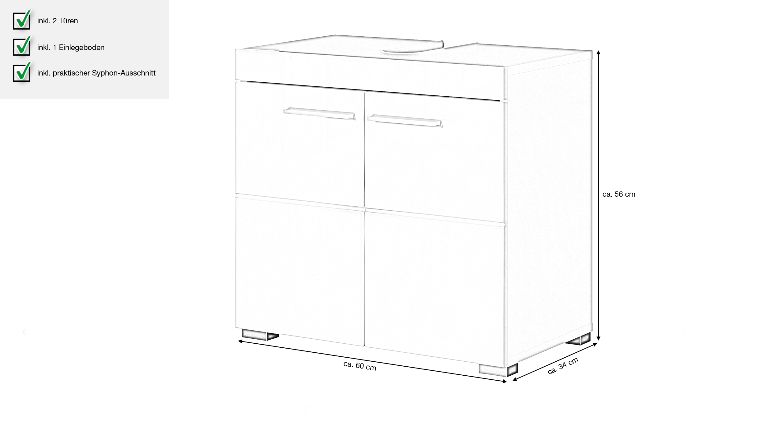 Waschbeckenunterschrank weiß hochglanz 60 cm - AMANDA