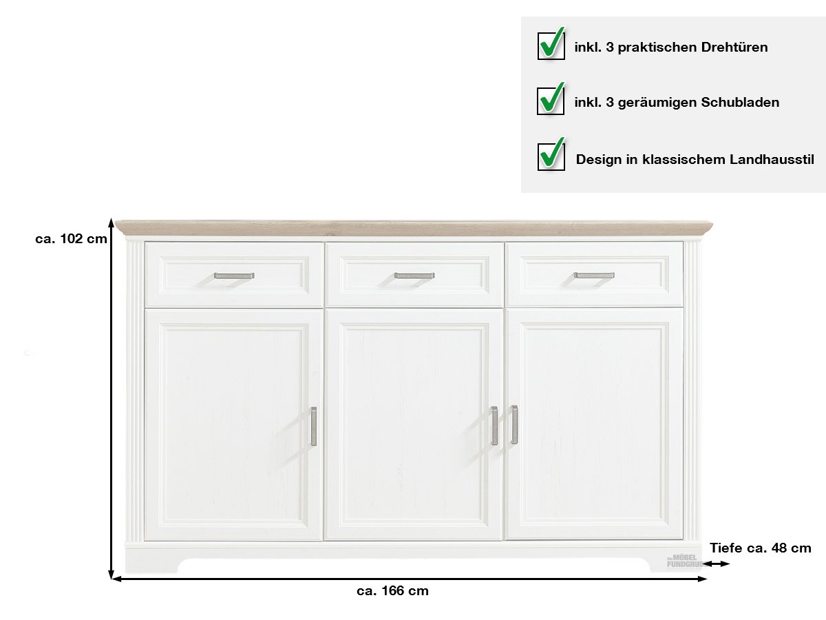 Sideboard Pinie weiß - Artisan Eiche 166 cm - JASMIN