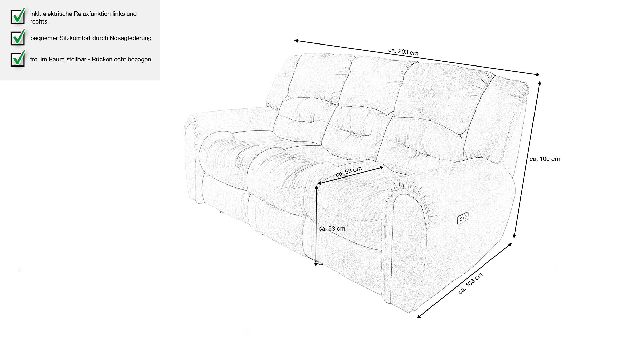 Einzelsofa 3-Sitzer grau 203 cm - Relaxfunktion - PABLO