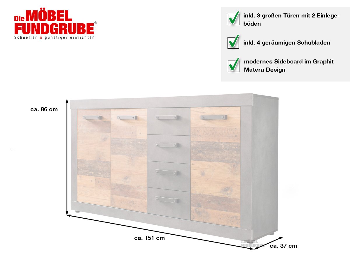 Sideboard mit 4 Schubladen Old Wood - Graphit Matera 151 cm - INDY