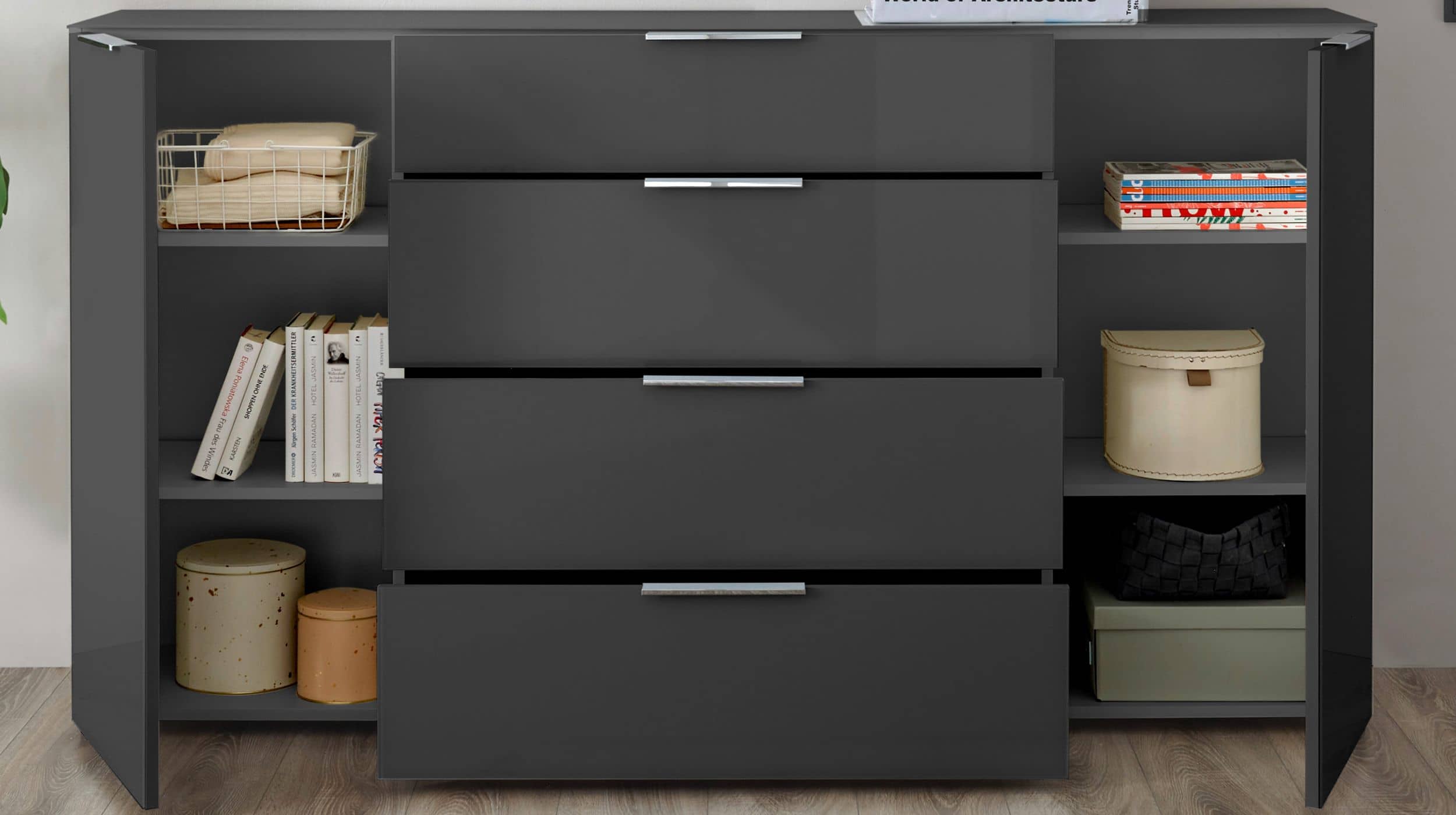Sideboard 4 Schubladen - anthrazit - Glasfront - 180 cm - SANTORIN