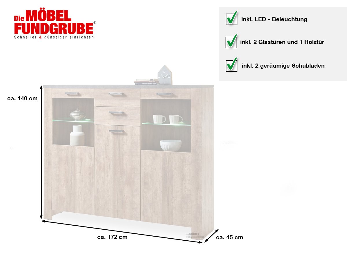 Highboard mit 2 Glastüren Samdal - anthrazit 172 cm - EDMONTON