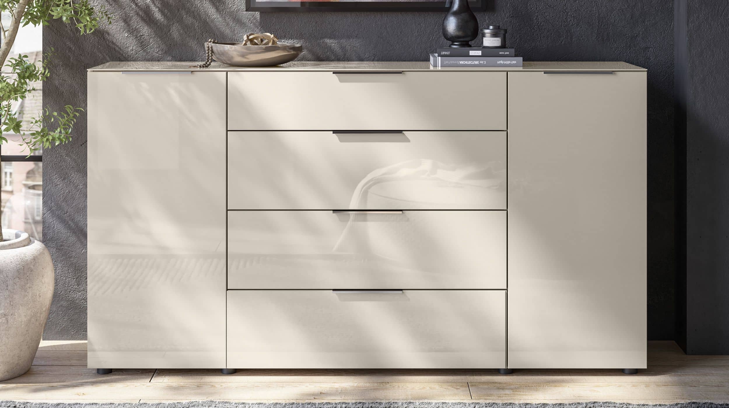 Sideboard 4 Schubladen - grau - Glasfront - 180 cm - SANTORIN