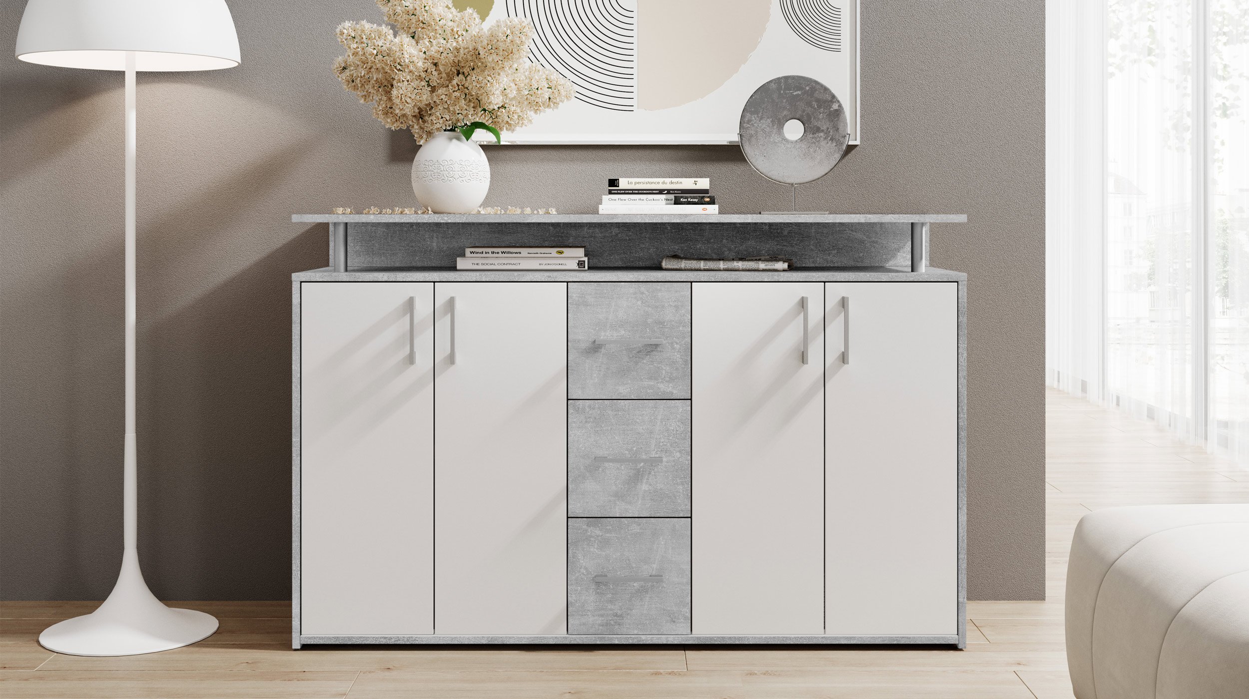 Highboard Betonoptik - weiß - 4-türig - 139 cm - DRIFT