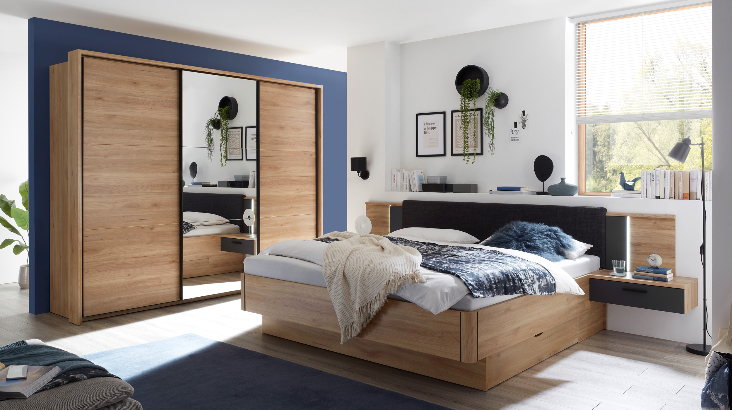 Schwebetürenschrank mit Spiegel 280 cm Eiche - graphit - ASCHAU